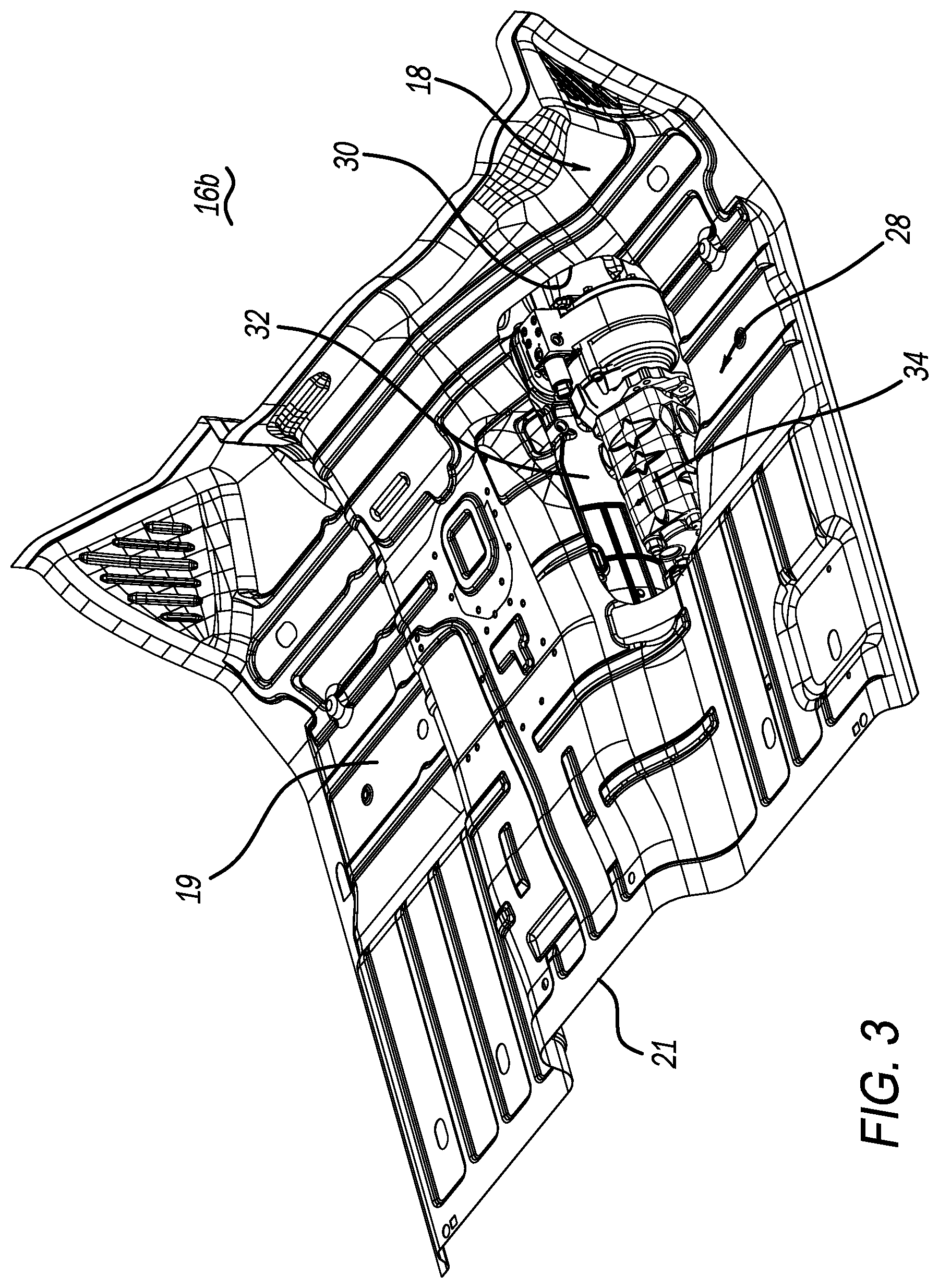 Patent US12576919 Figure 3 – Combined drivetrain access panel and footrest