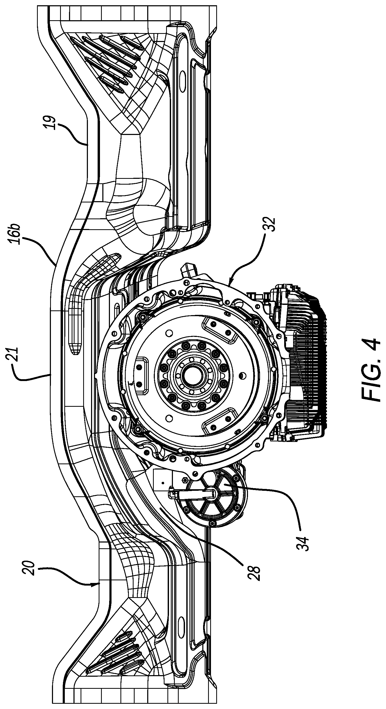 Patent US12576919 Figure 4 – Combined drivetrain access panel and footrest