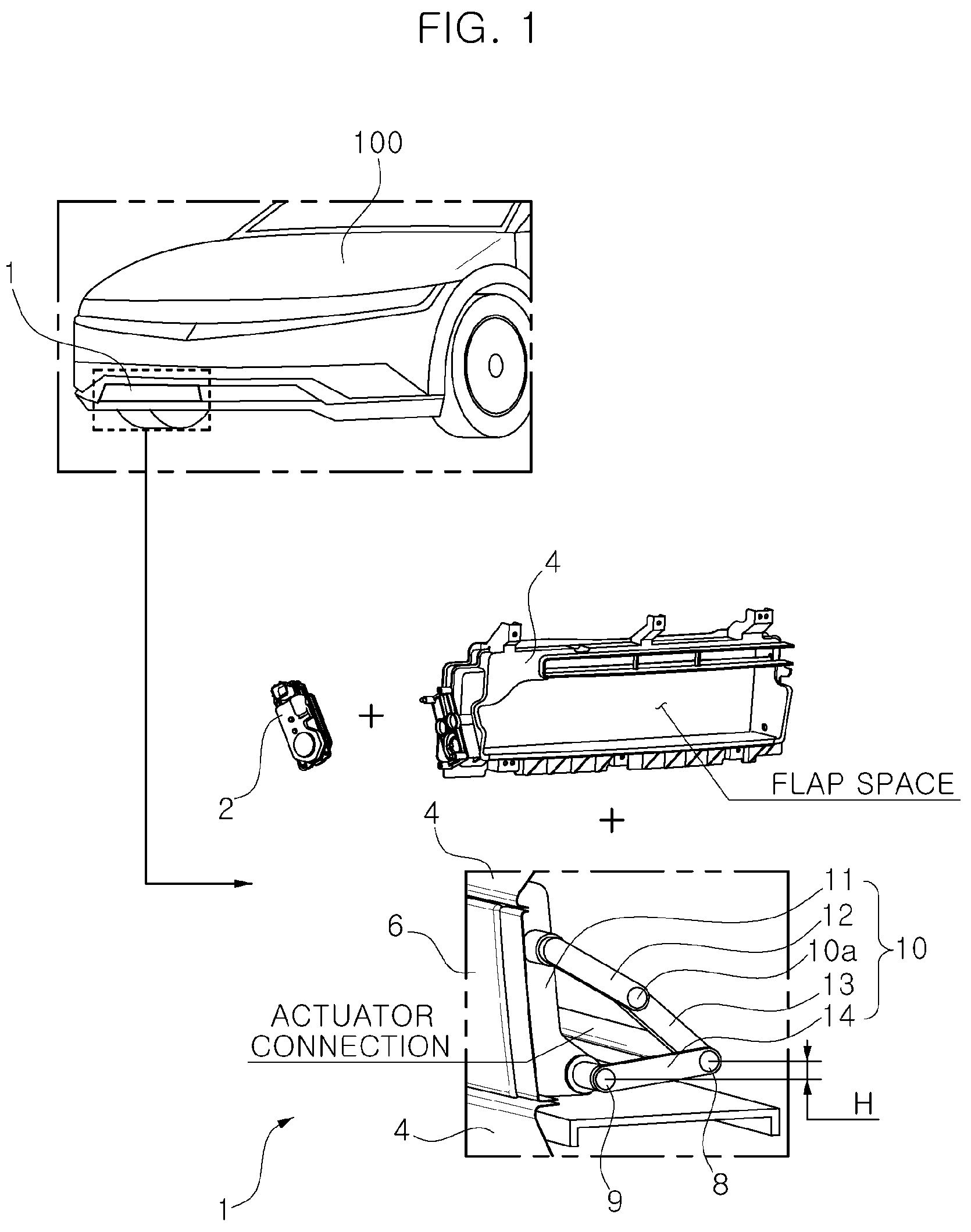 Patent US12576925 Figure 1 – Flap automatically-locking active air flap apparatus for vehicle