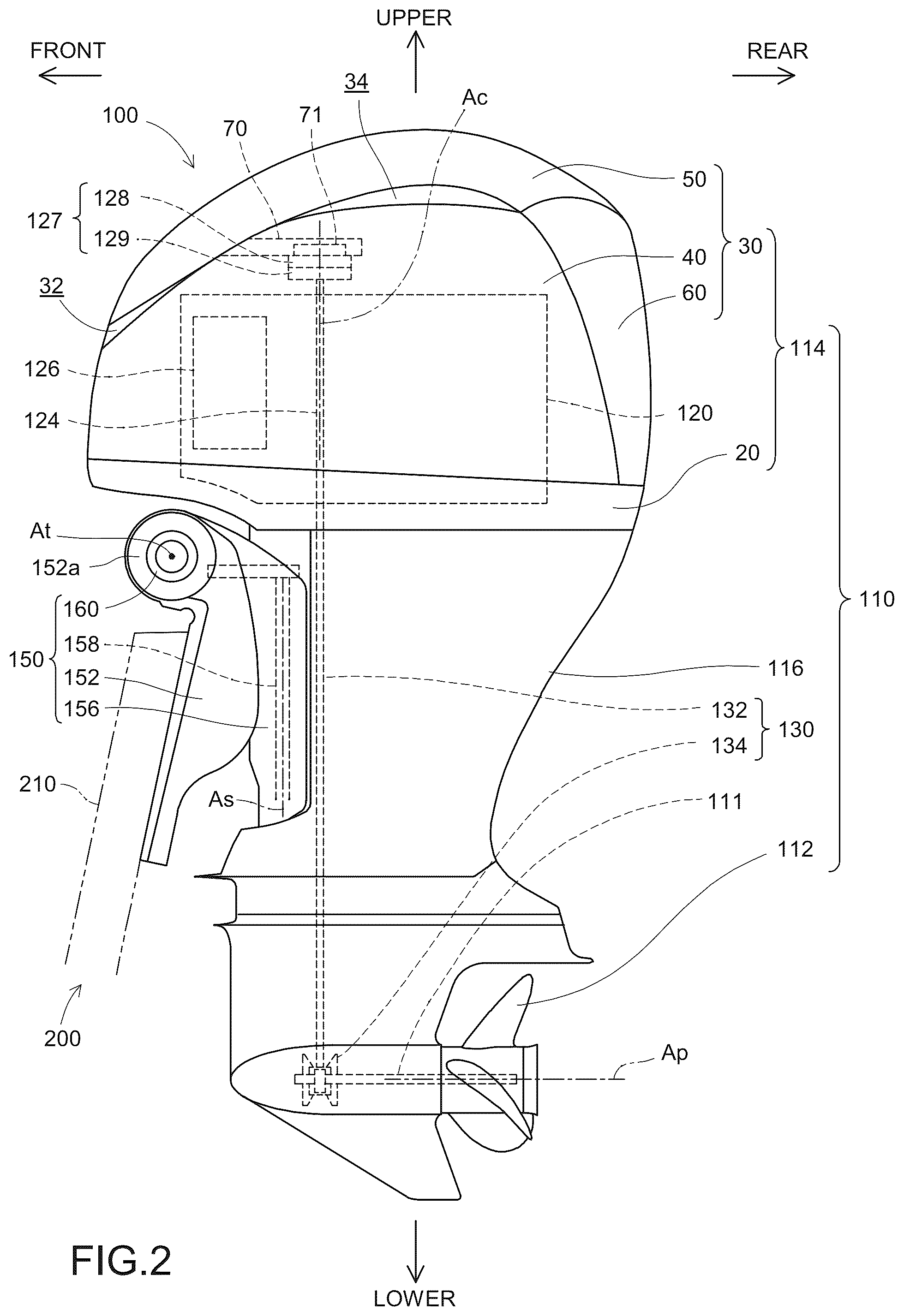 Patent US12576957 Figure 2 – Outboard motor and vessel