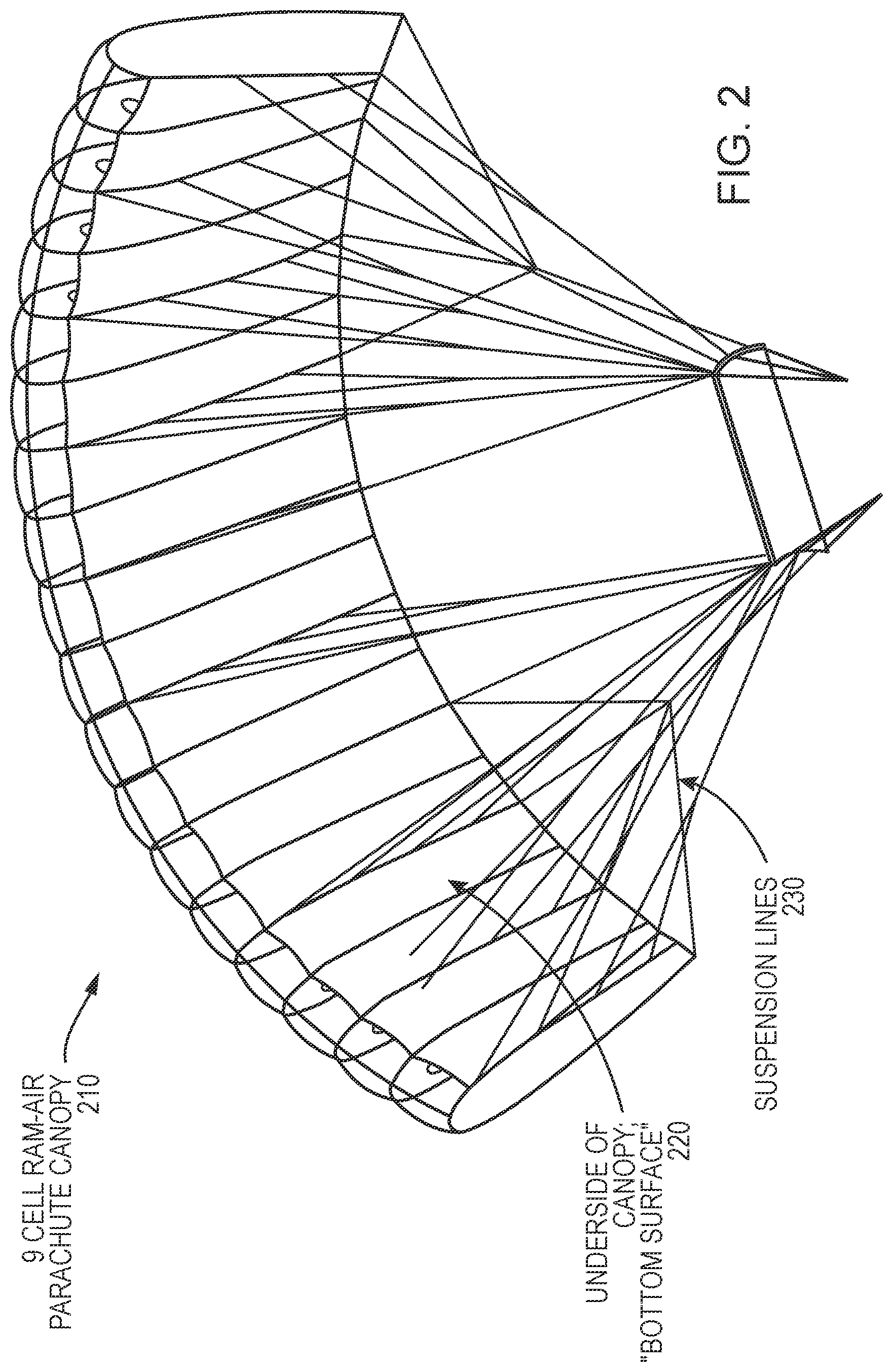 Patent US12576975 Figure 2 – Method, system, and apparatus for a parachute