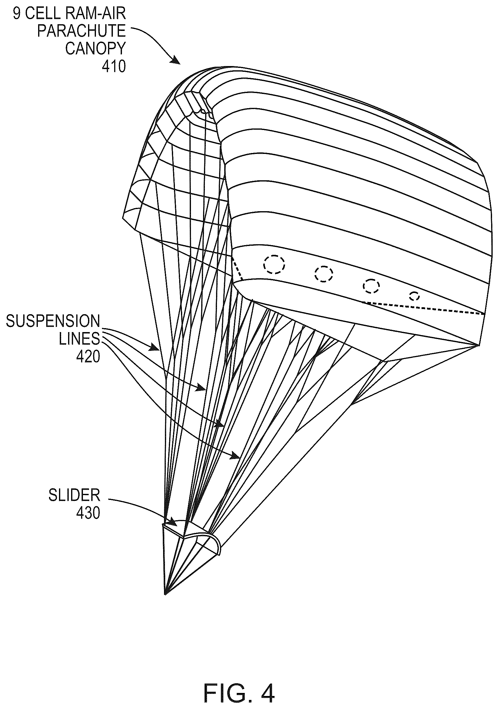 Patent US12576975 Figure 4 – Method, system, and apparatus for a parachute