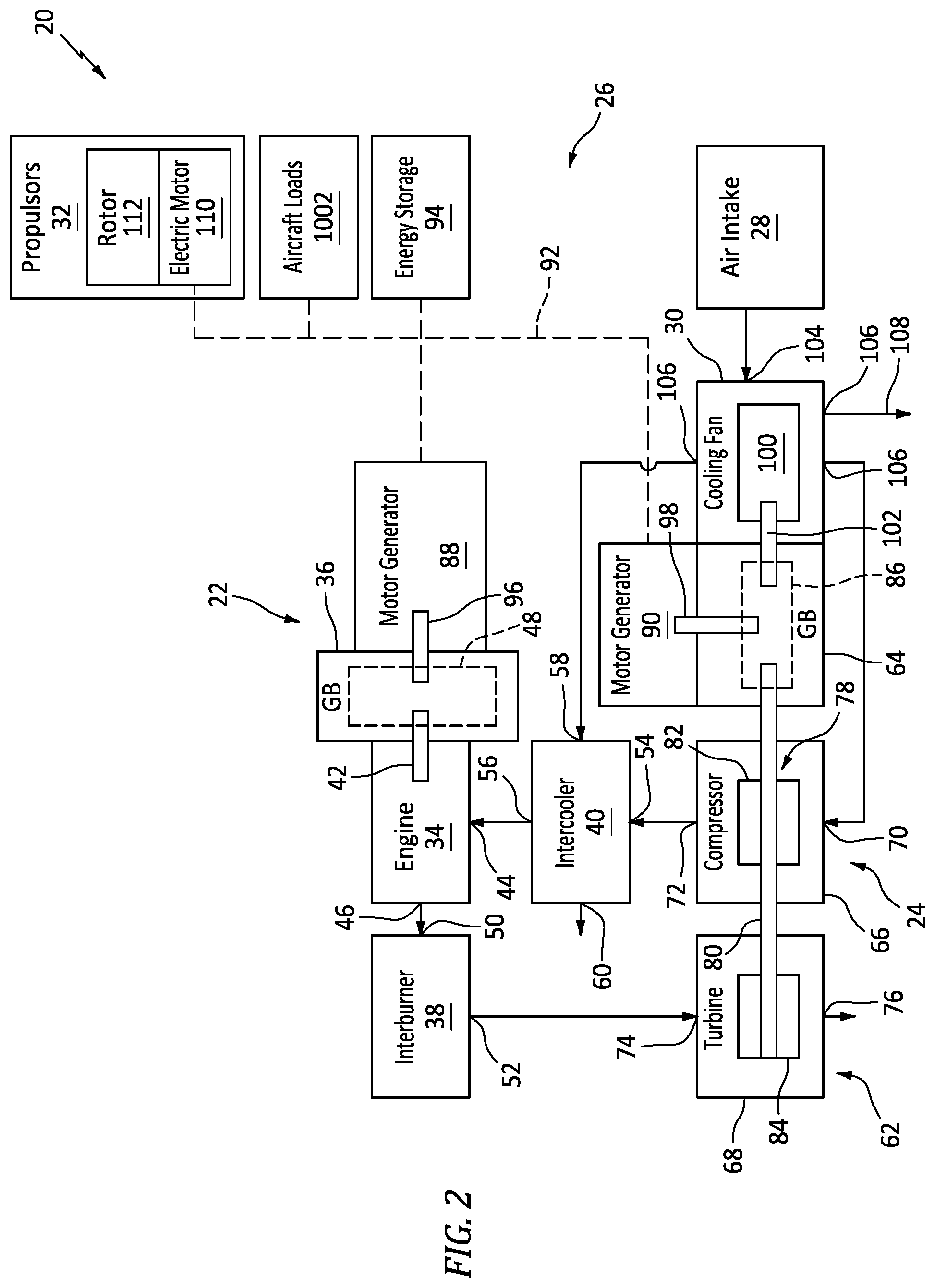 Patent US12576979 Figure 2 – Aircraft propulsion system with engine assembly, intercooler, and turbocompressor assembly