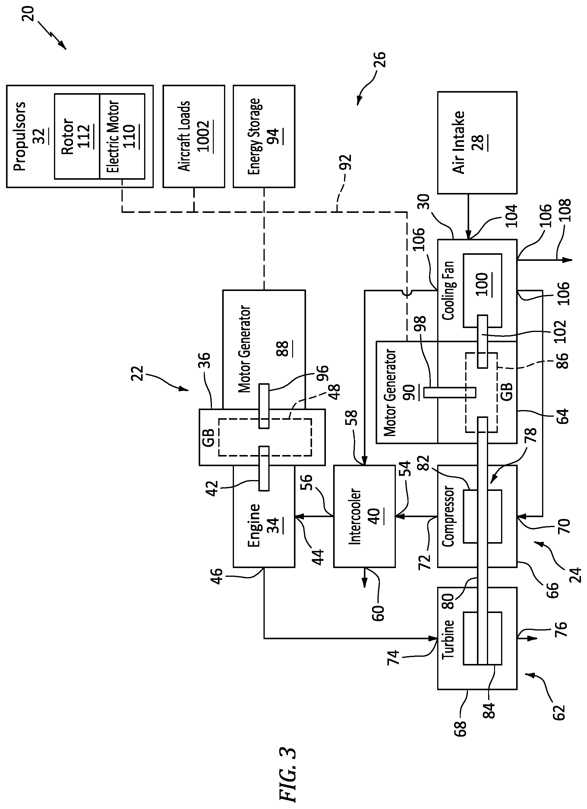 Patent US12576979 Figure 3 – Aircraft propulsion system with engine assembly, intercooler, and turbocompressor assembly