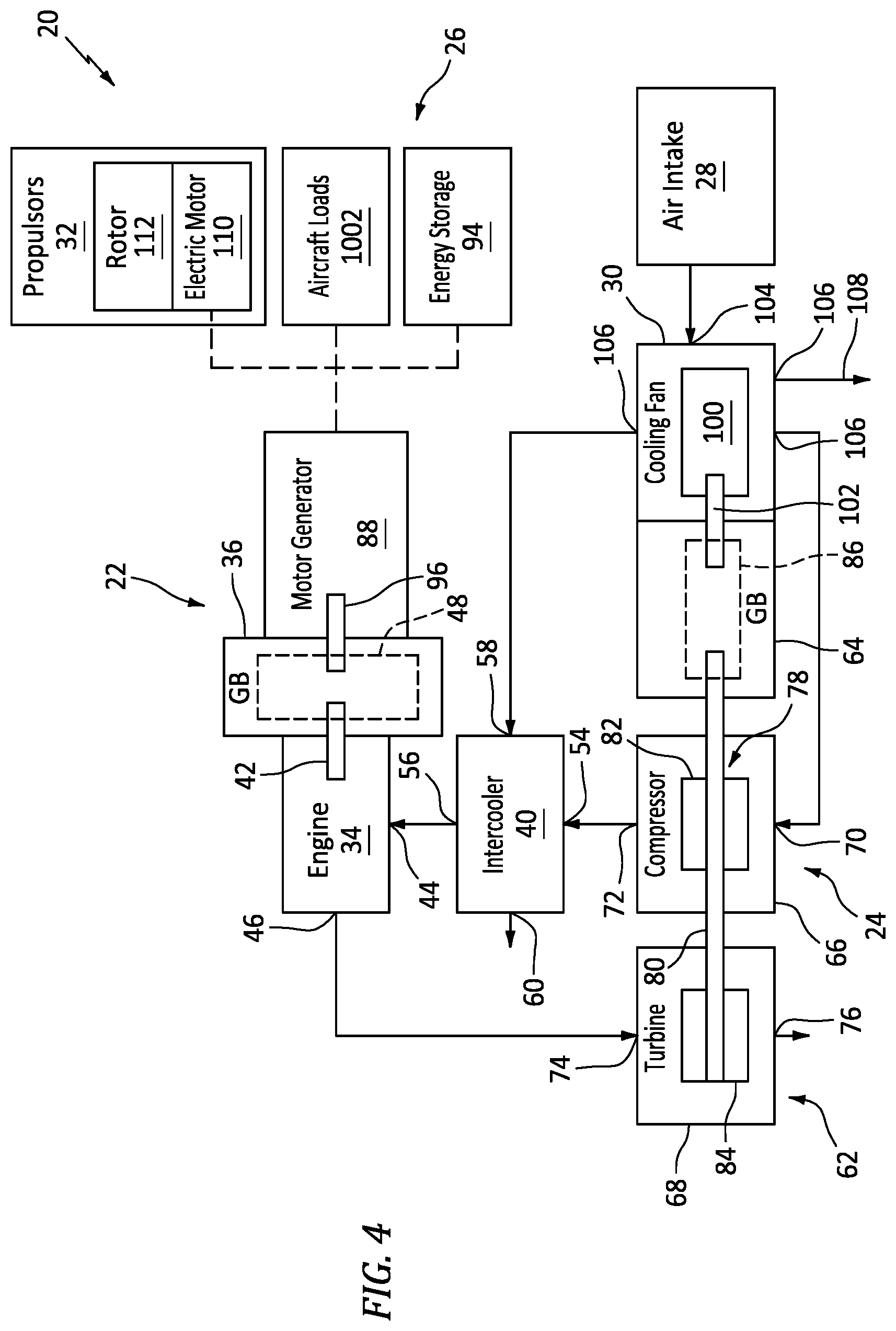 Patent US12576979 Figure 4 – Aircraft propulsion system with engine assembly, intercooler, and turbocompressor assembly