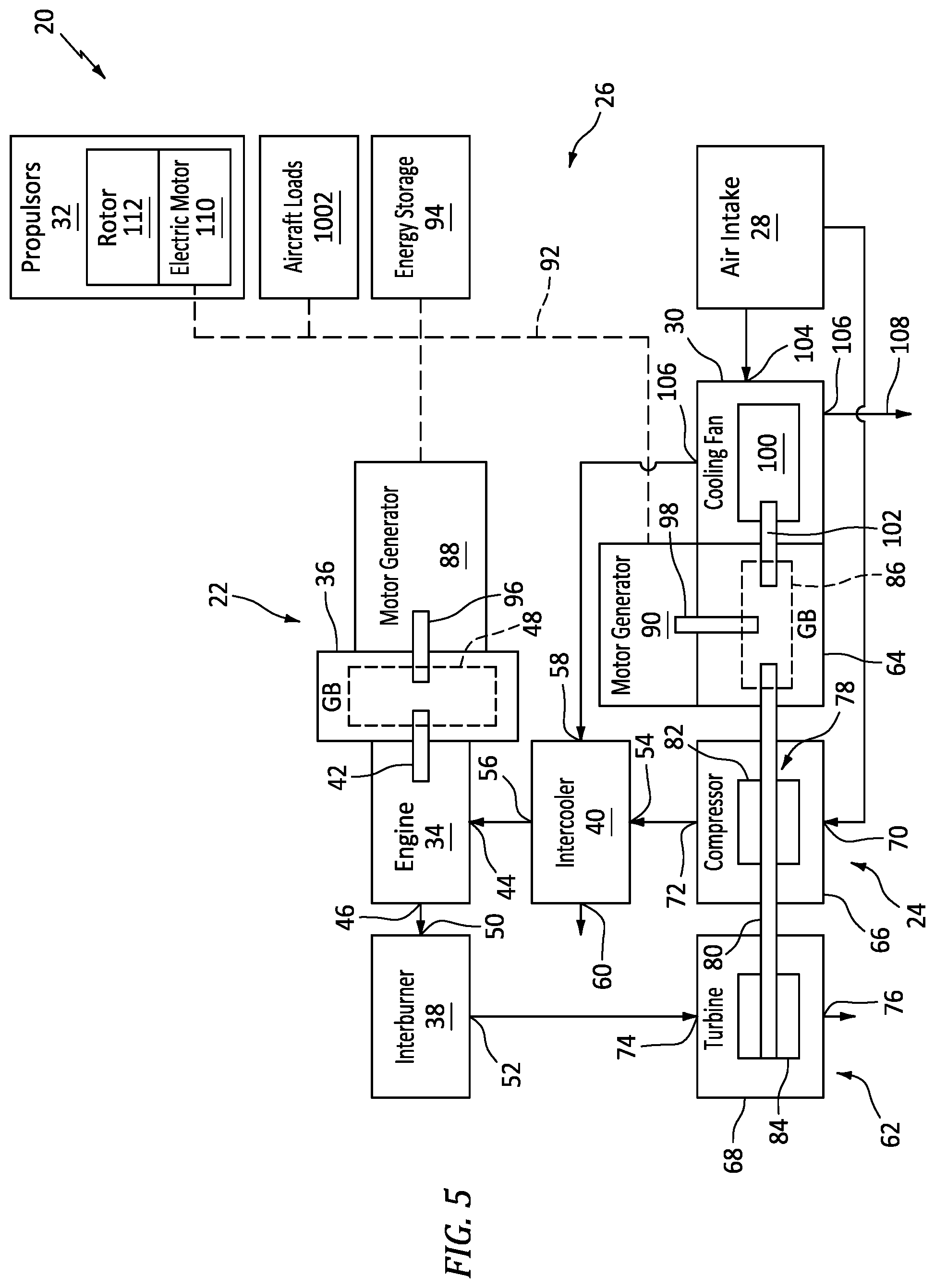 Patent US12576979 Figure 5 – Aircraft propulsion system with engine assembly, intercooler, and turbocompressor assembly