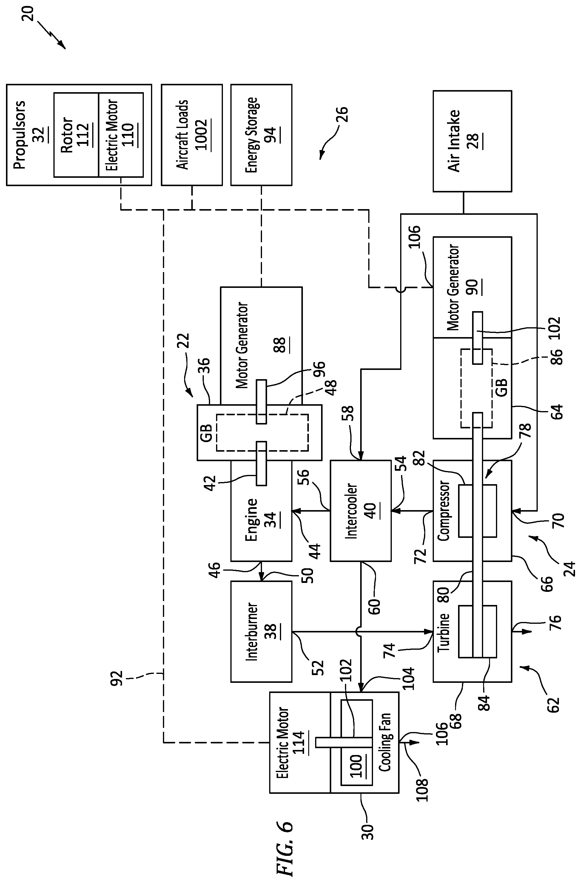 Patent US12576979 Figure 6 – Aircraft propulsion system with engine assembly, intercooler, and turbocompressor assembly