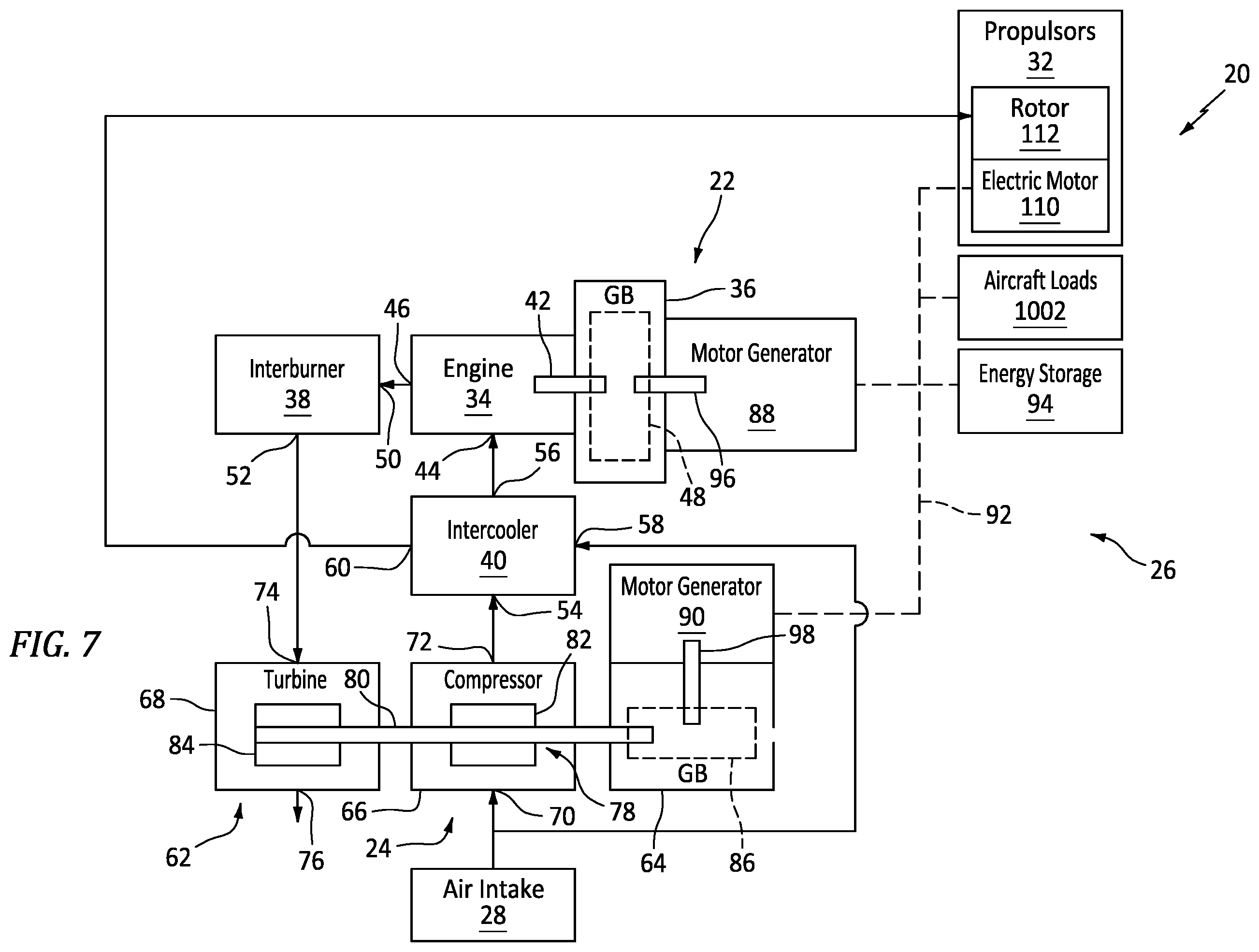Patent US12576979 Figure 7 – Aircraft propulsion system with engine assembly, intercooler, and turbocompressor assembly