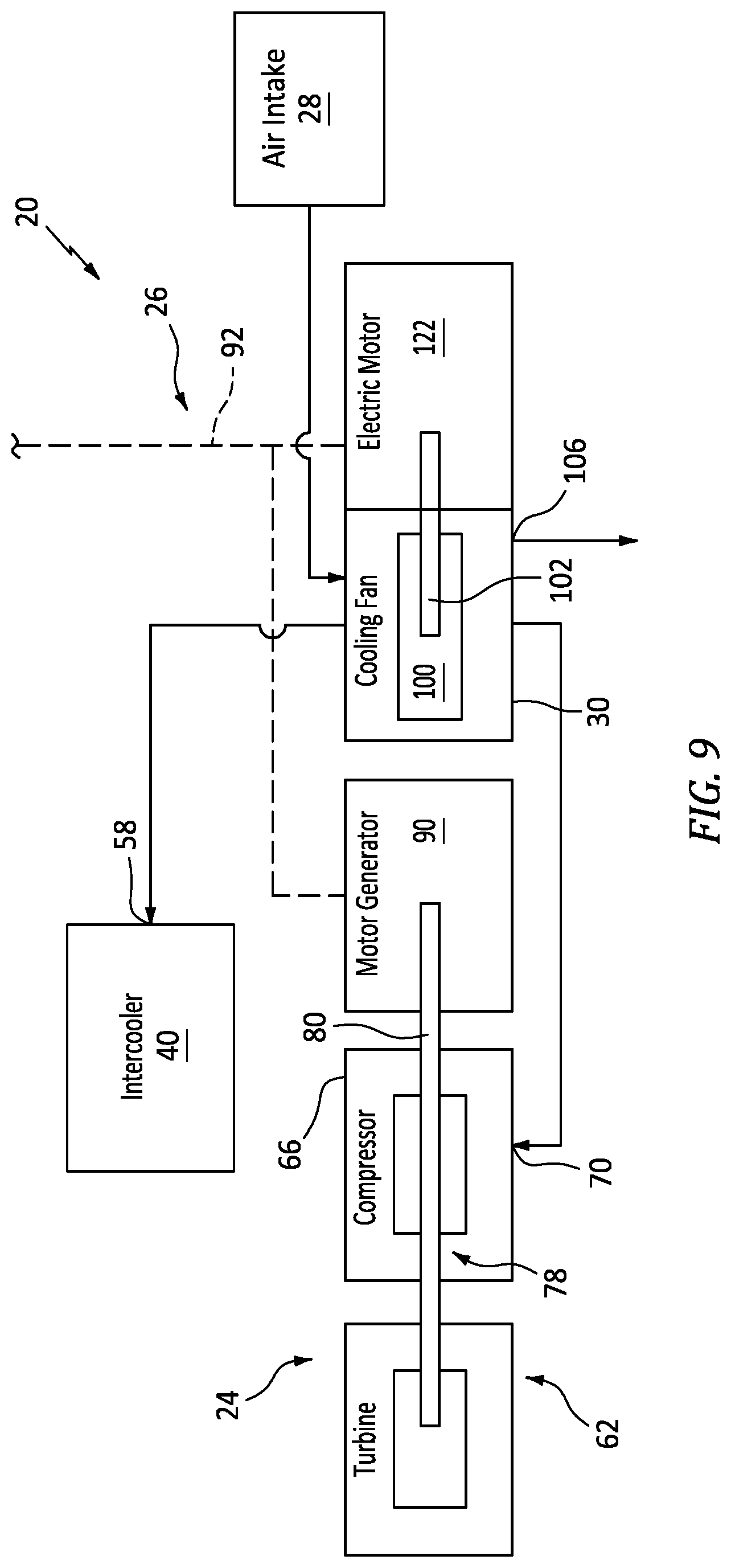 Patent US12576979 Figure 9 – Aircraft propulsion system with engine assembly, intercooler, and turbocompressor assembly
