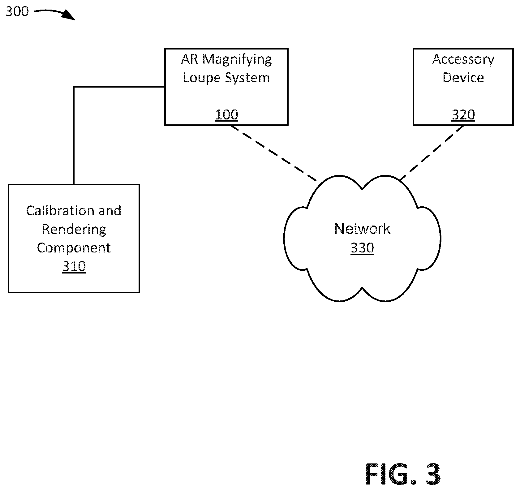 Patent US12579755 Figure 3 – Overlaying augmented reality (AR) content within an AR headset coupled to a magnifying loupe
