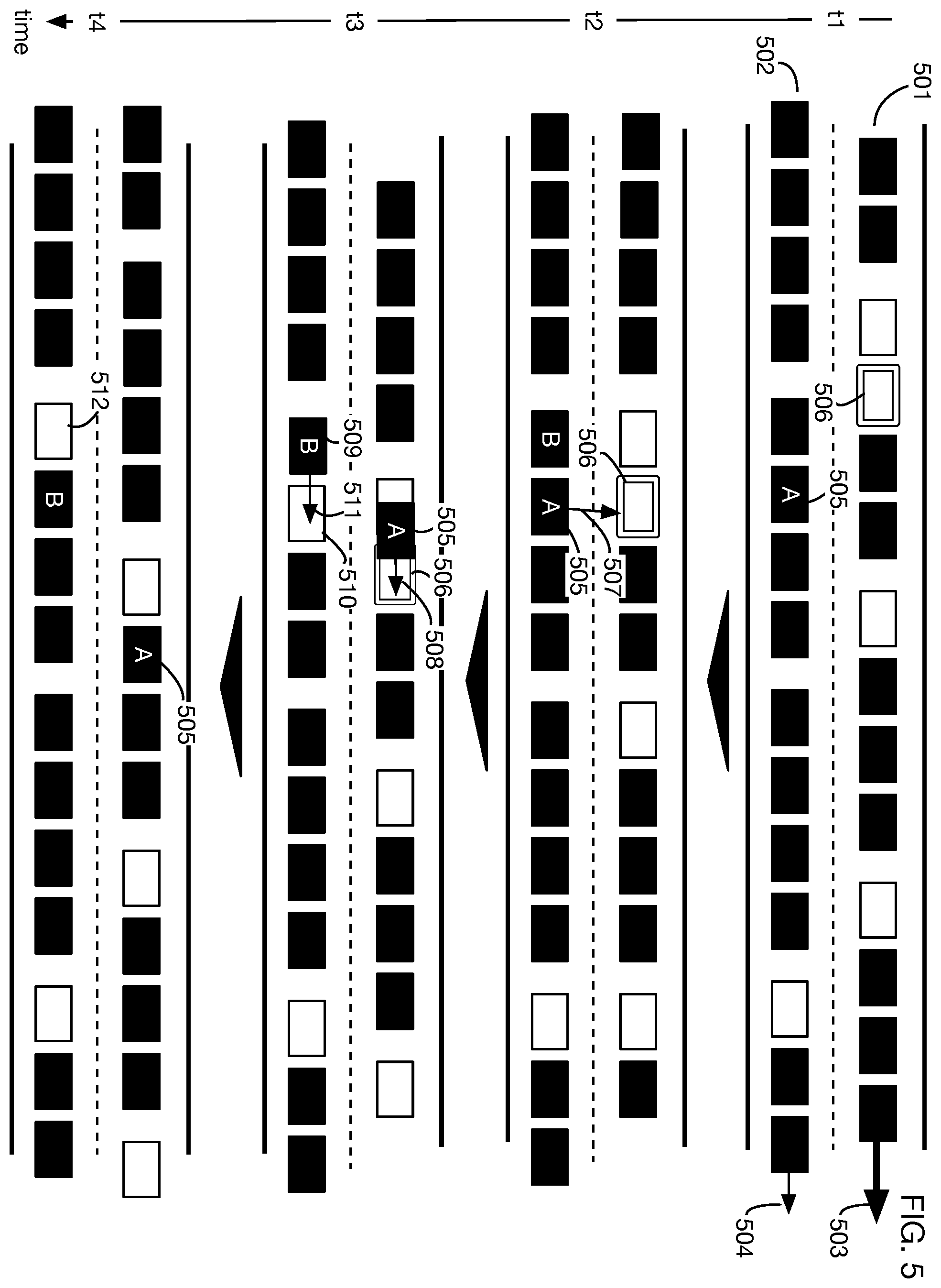 Patent US12579894 Figure 5 – Multi-lane traffic management system for platoons of autonomous vehicles