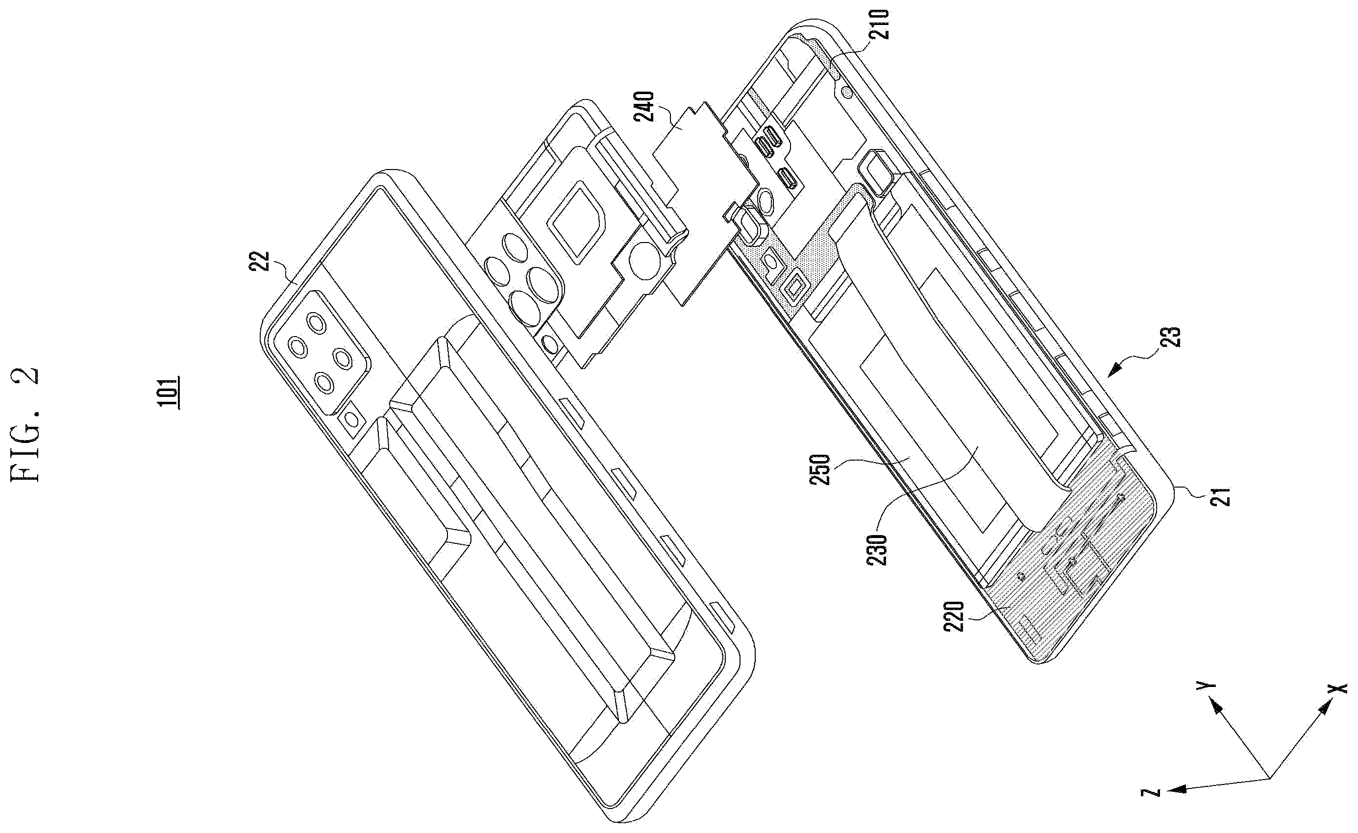 Patent US12581007 Figure 2 – Electronic device including multiple PCBS and antennas printed on PCBS