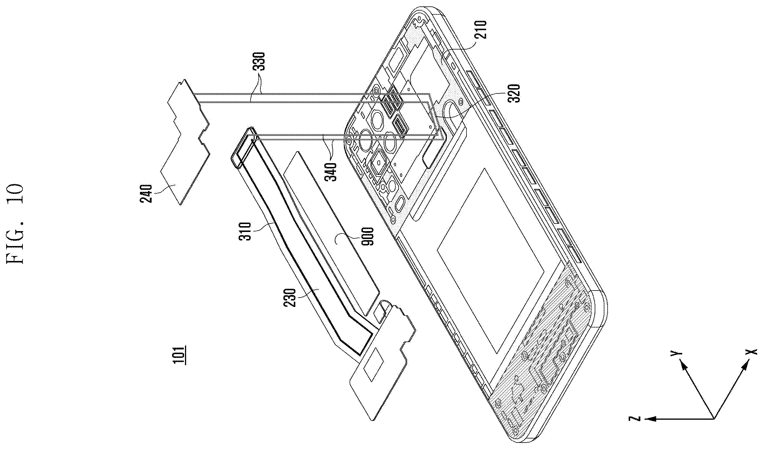 Patent US12581007 Figure 10 – Electronic device including multiple PCBS and antennas printed on PCBS