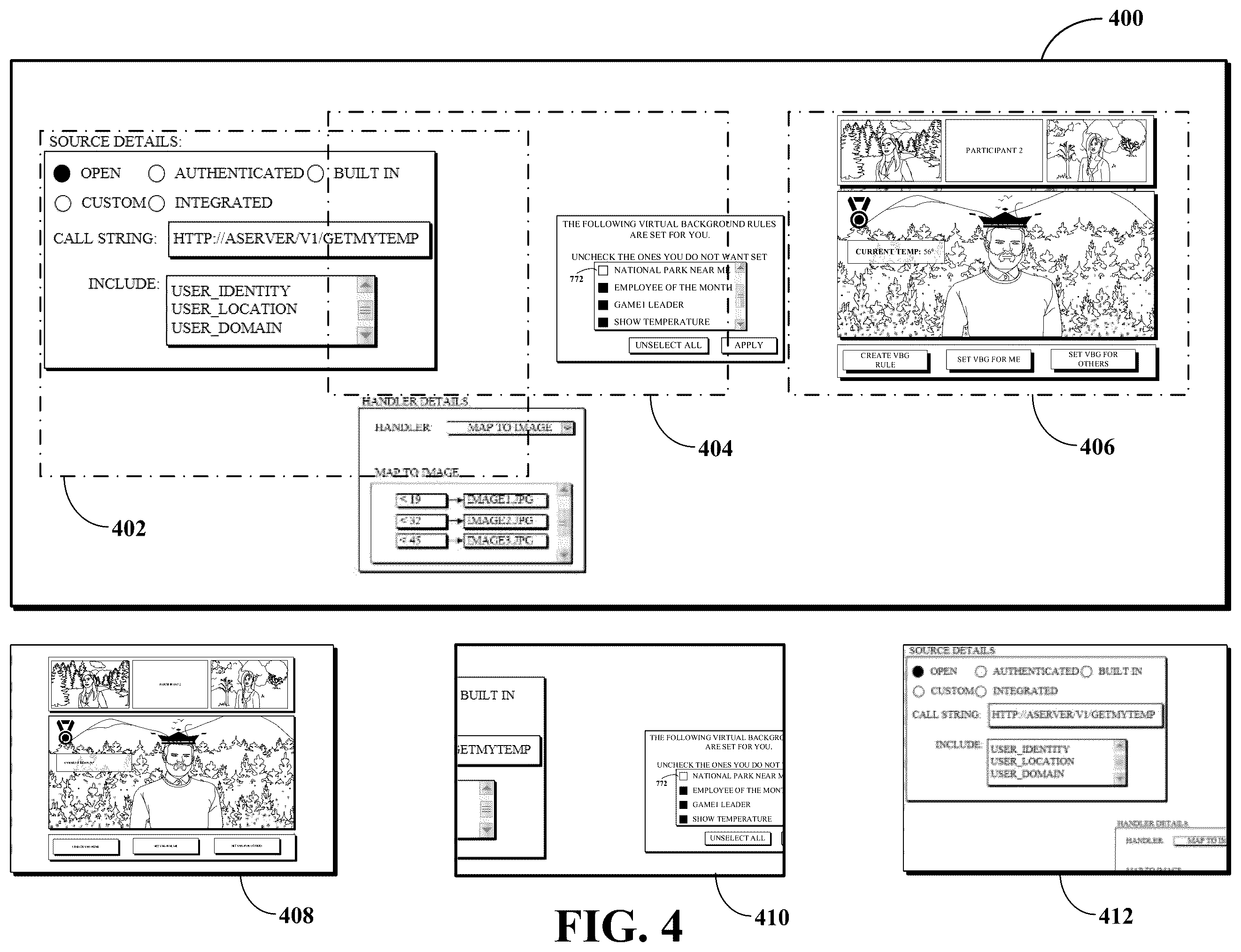 Patent US12581036 Figure 4 – Whiteboard viewport synchronization based on triggers associated with conference participants