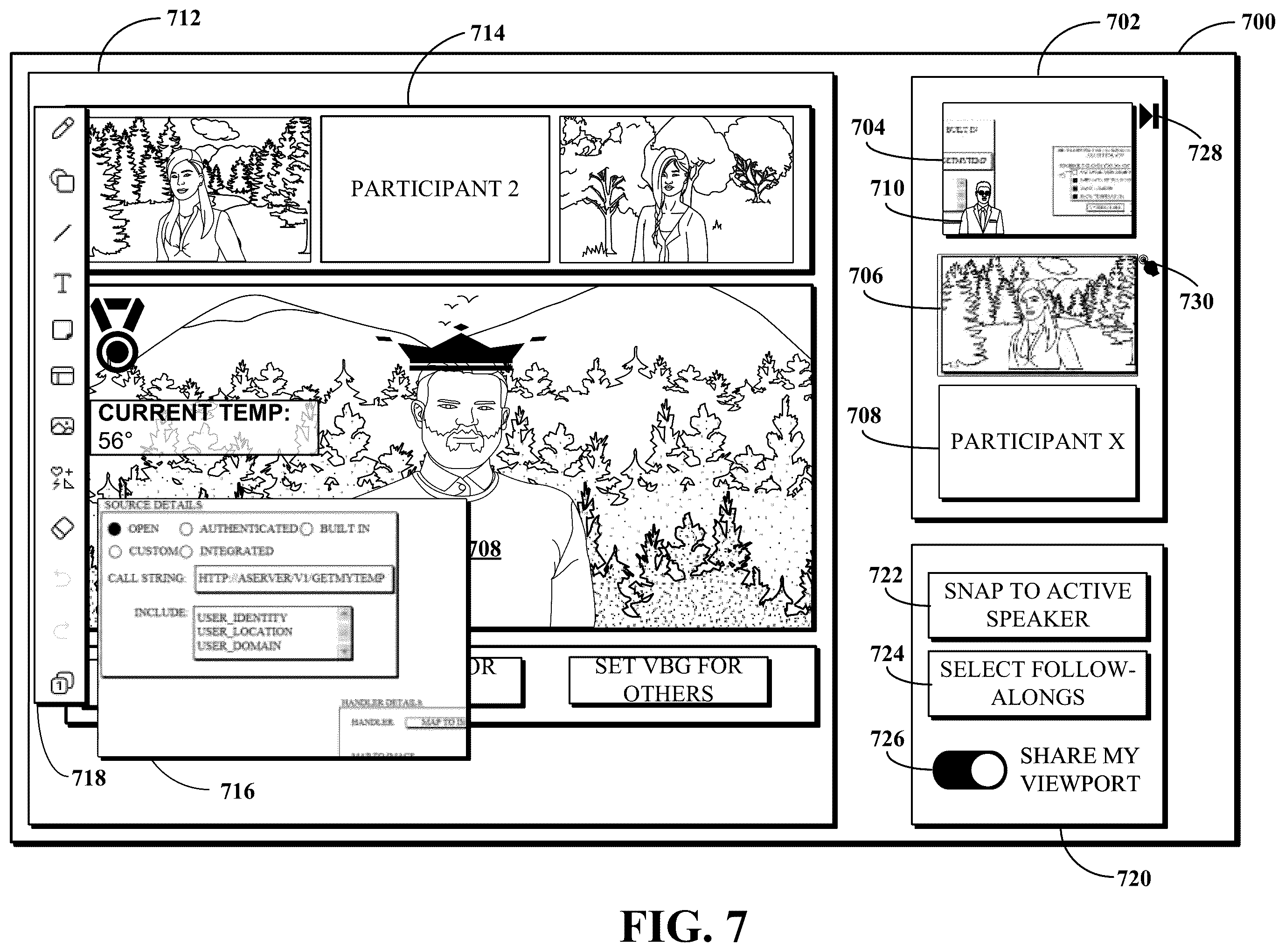 Patent US12581036 Figure 7 – Whiteboard viewport synchronization based on triggers associated with conference participants