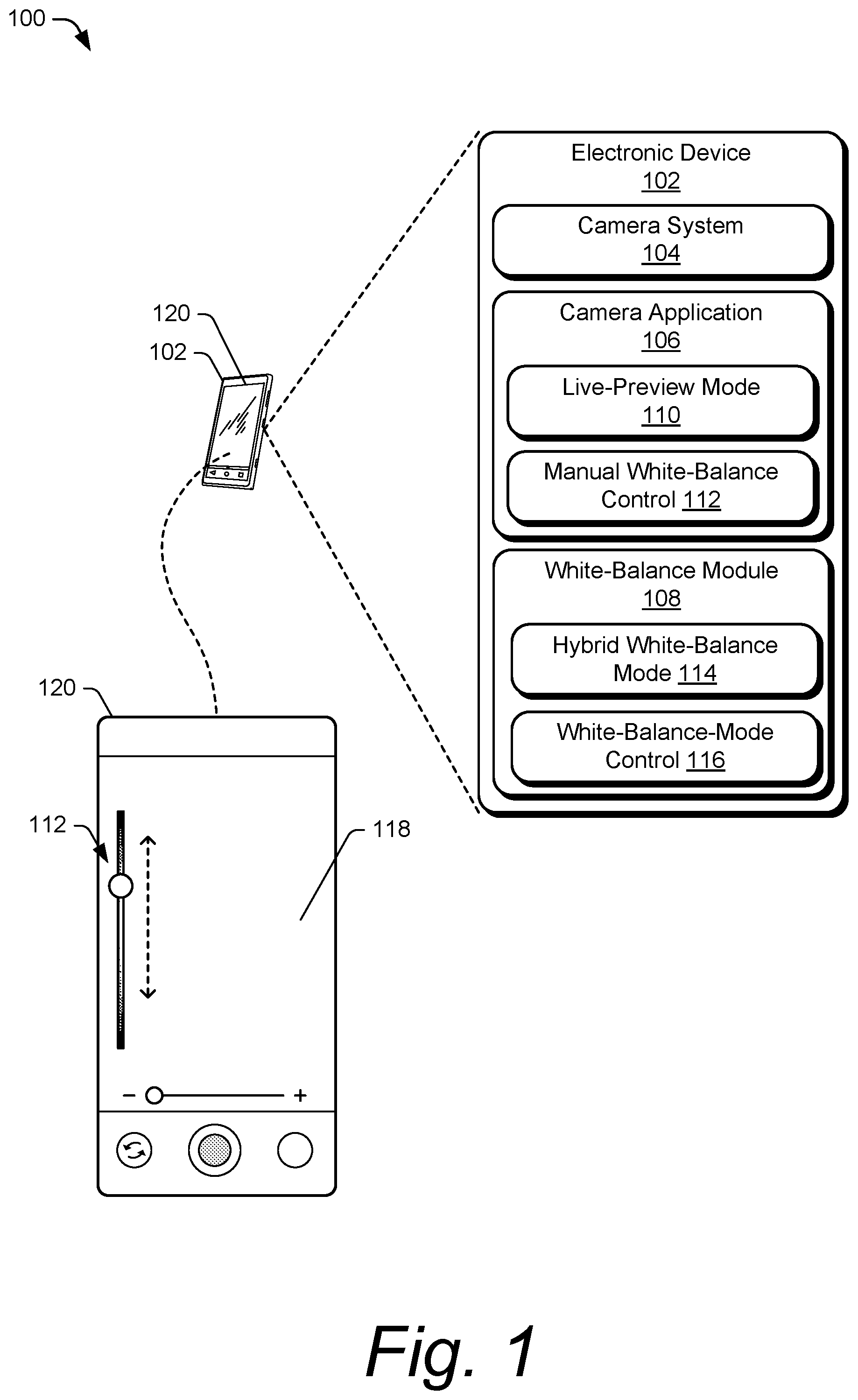 Patent US12581205 Figure 1 – Hybrid white-balance mode in a camera system of an electronic device