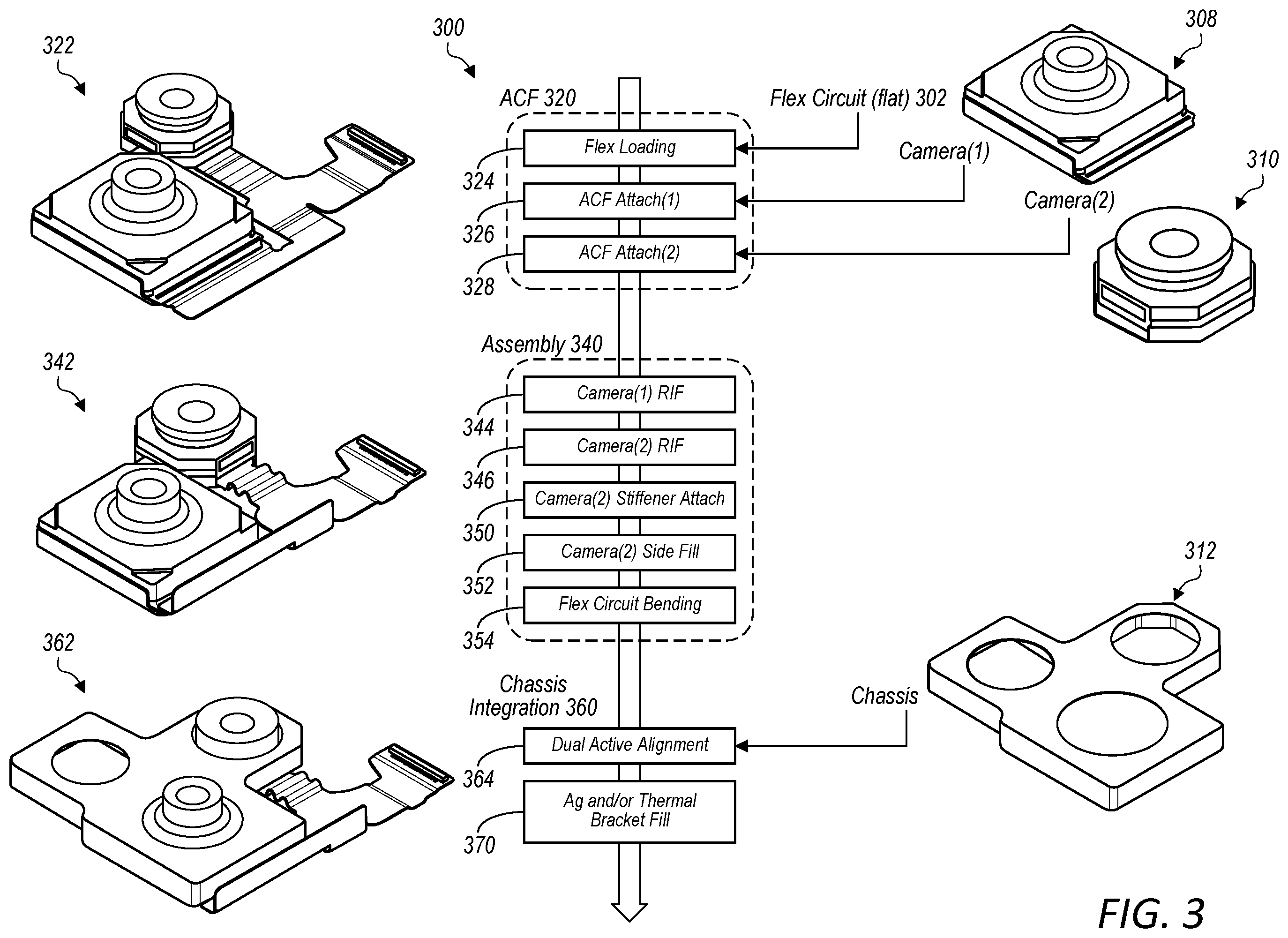 Patent US12581206 Figure 3 – Single flex circuit shared by multiple cameras of a multi-camera system