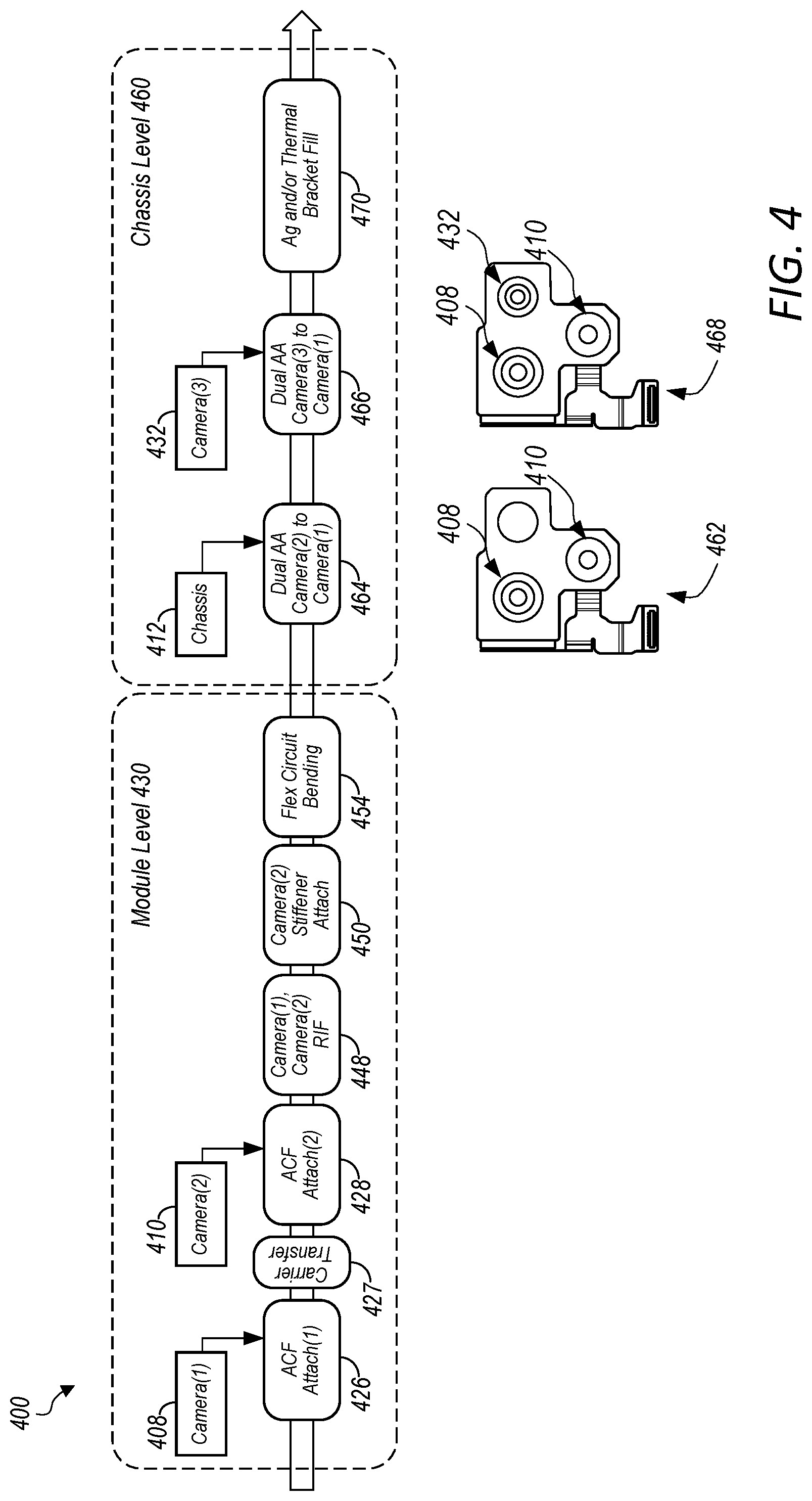 Patent US12581206 Figure 4 – Single flex circuit shared by multiple cameras of a multi-camera system