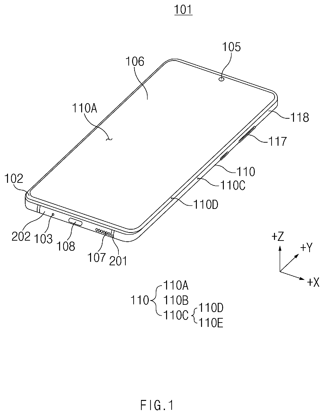 Patent US12581229 Figure 1 – Electronic device including speaker module