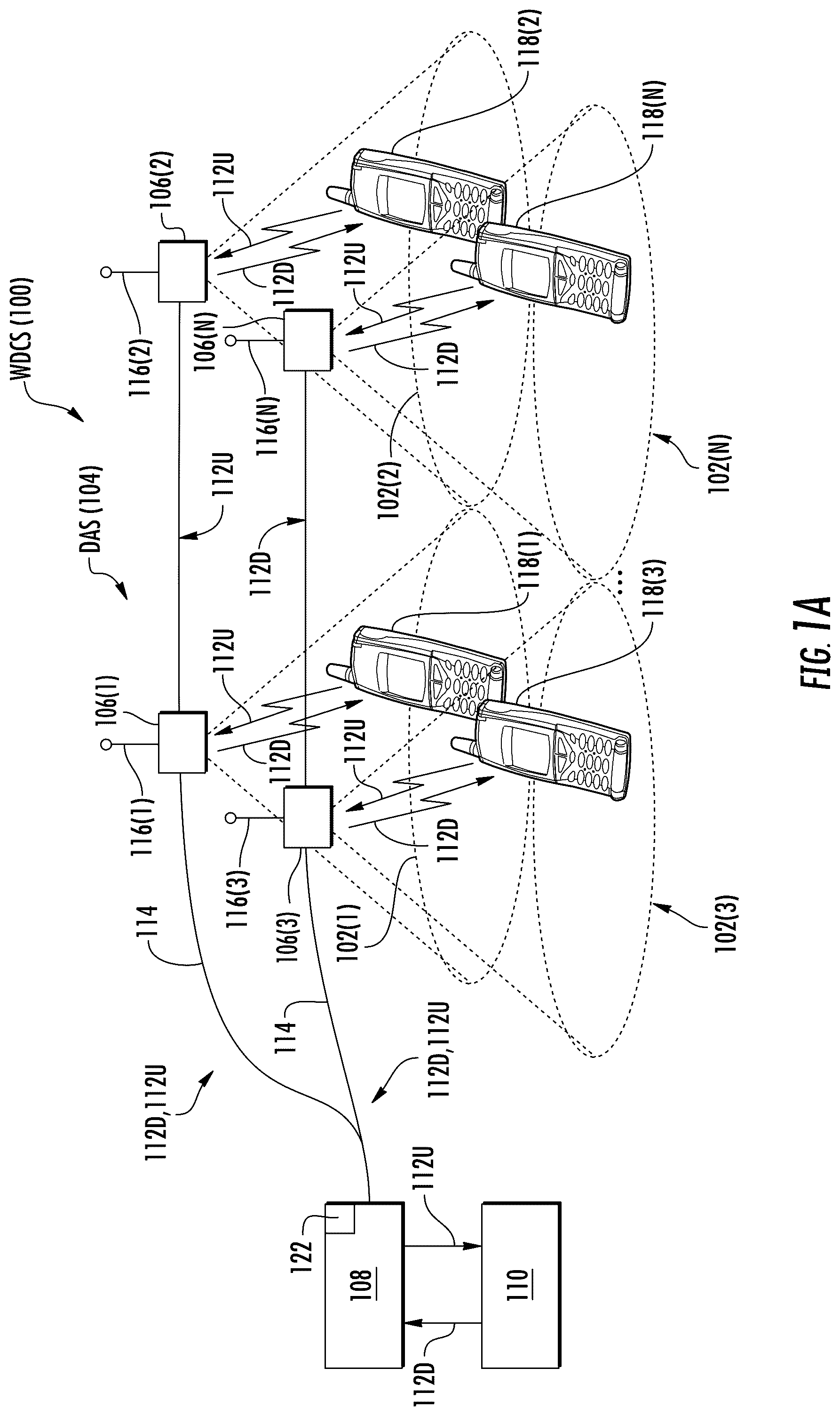 Patent US12581391 Figure 1 – Selective distribution and/or reception of wireless communications signals in a non-contiguous wireless distributed communications system (WDCS) for reducing downlink transmission power and/or uplink noise
