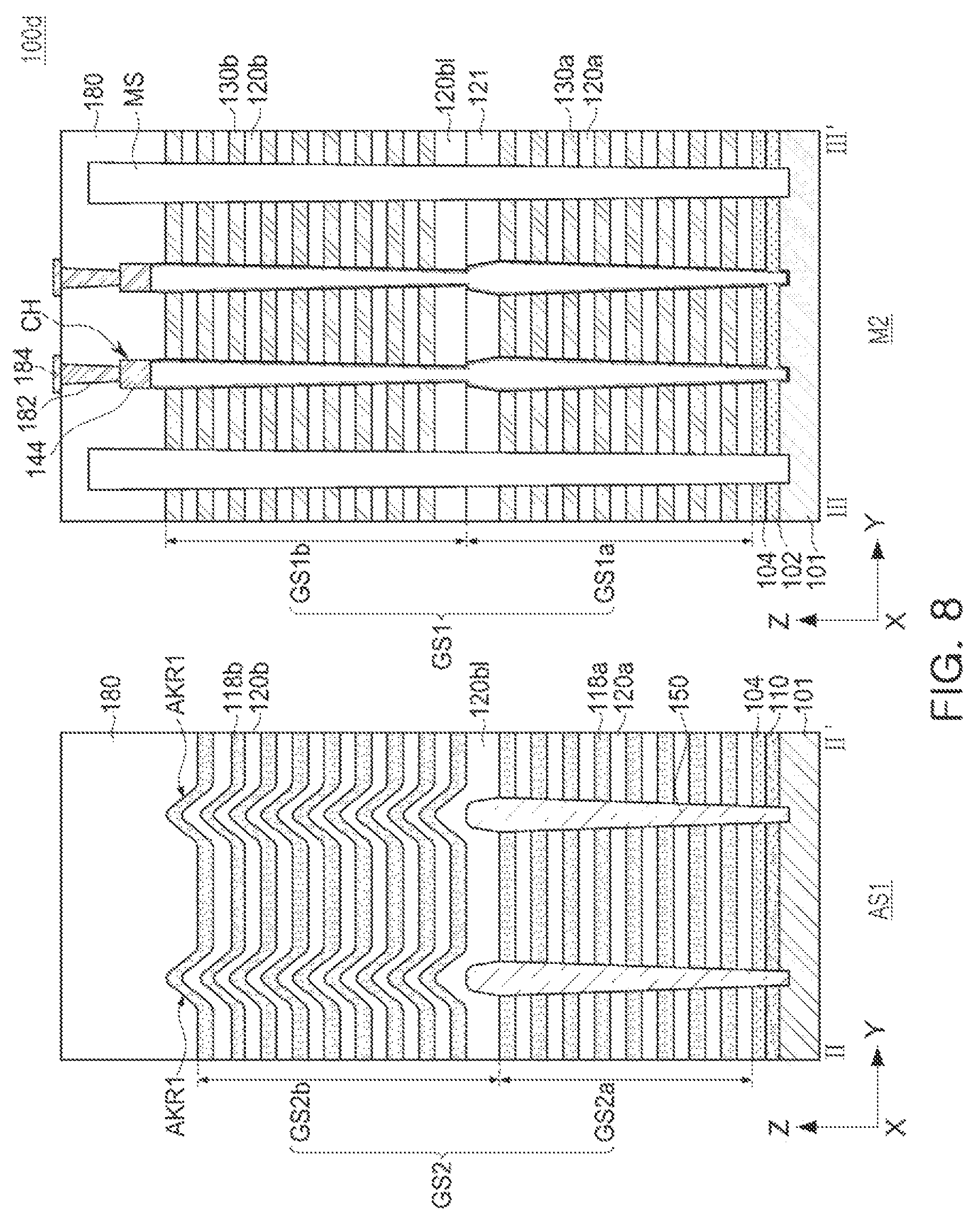 Patent US12581646 Figure 8 – Semiconductor devices with align key structure for stack structures and data storage systems including the same