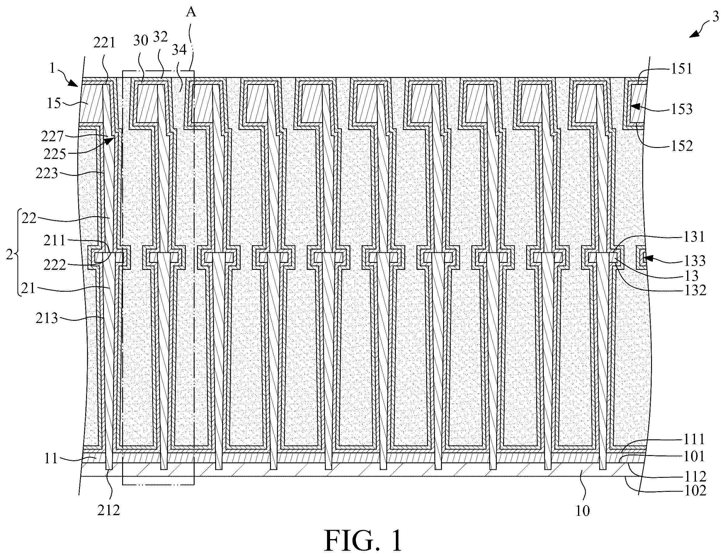 Patent US12581671 Figure 1 – Capacitor structure with two stacked conductive vias