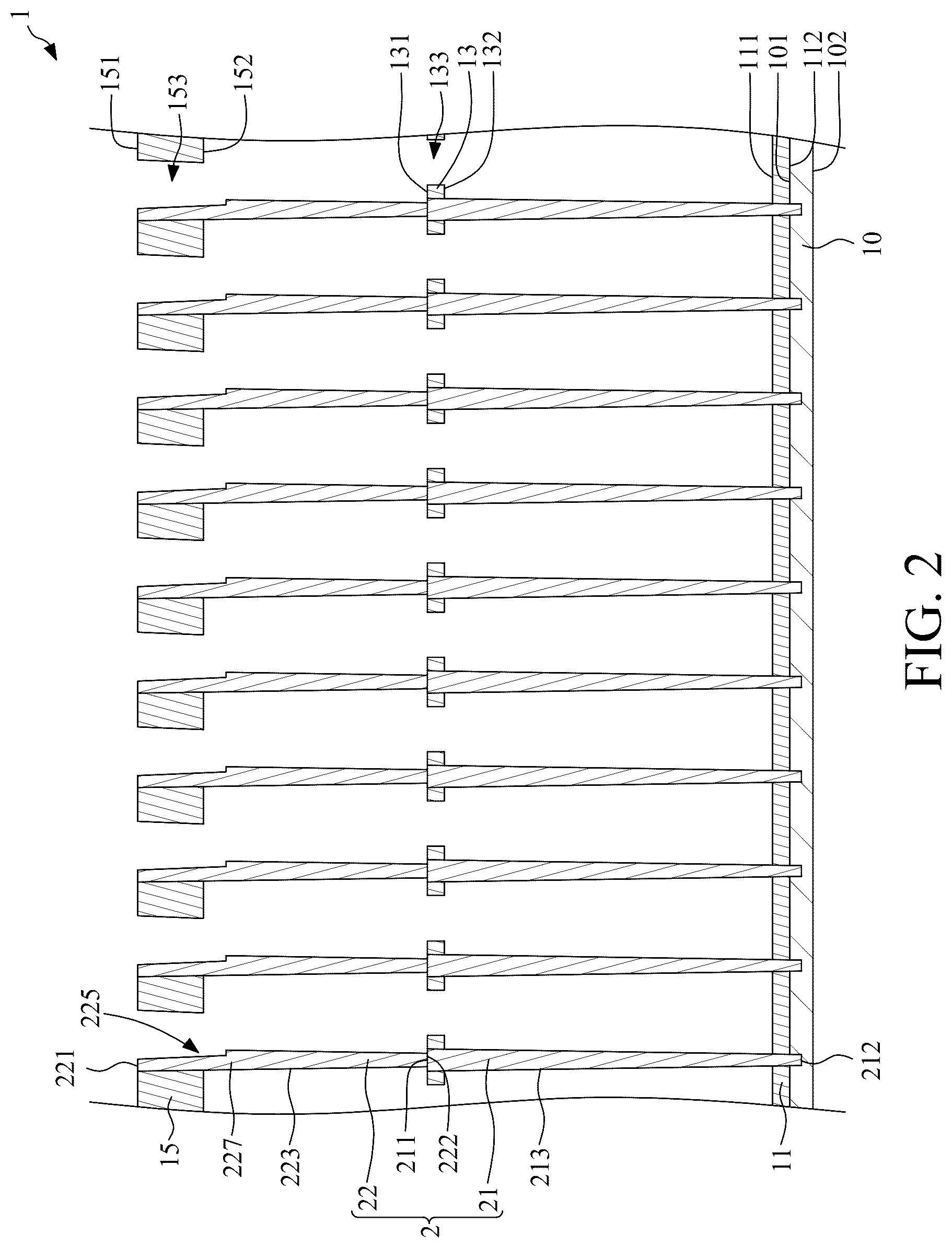 Patent US12581671 Figure 2 – Capacitor structure with two stacked conductive vias