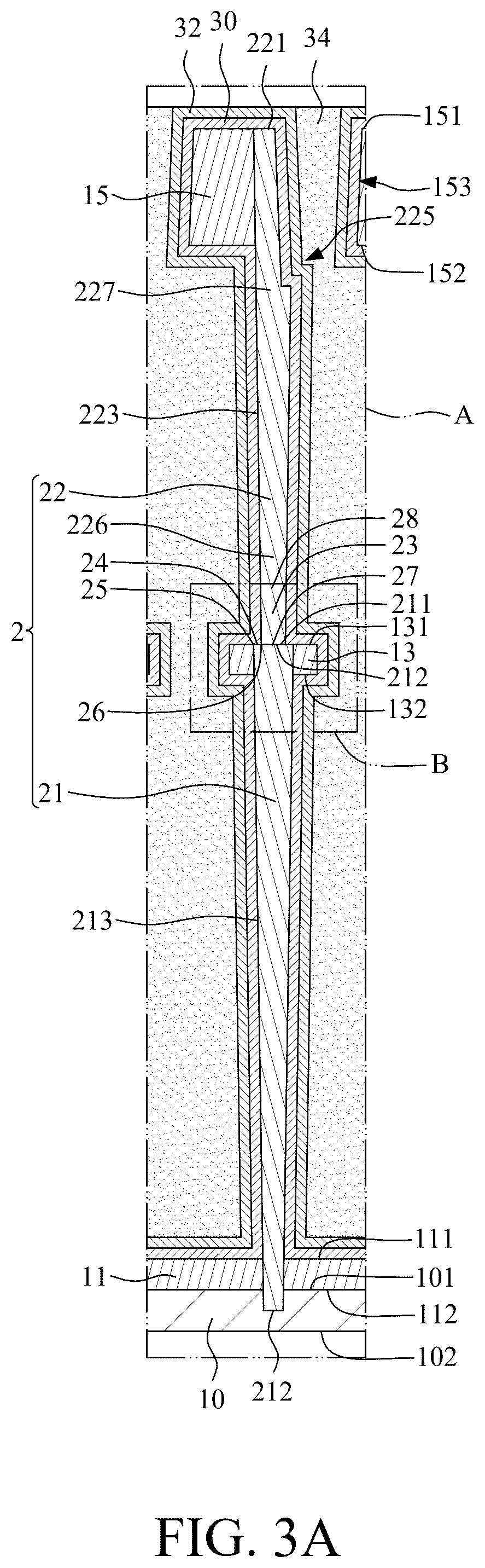 Patent US12581671 Figure 3 – Capacitor structure with two stacked conductive vias