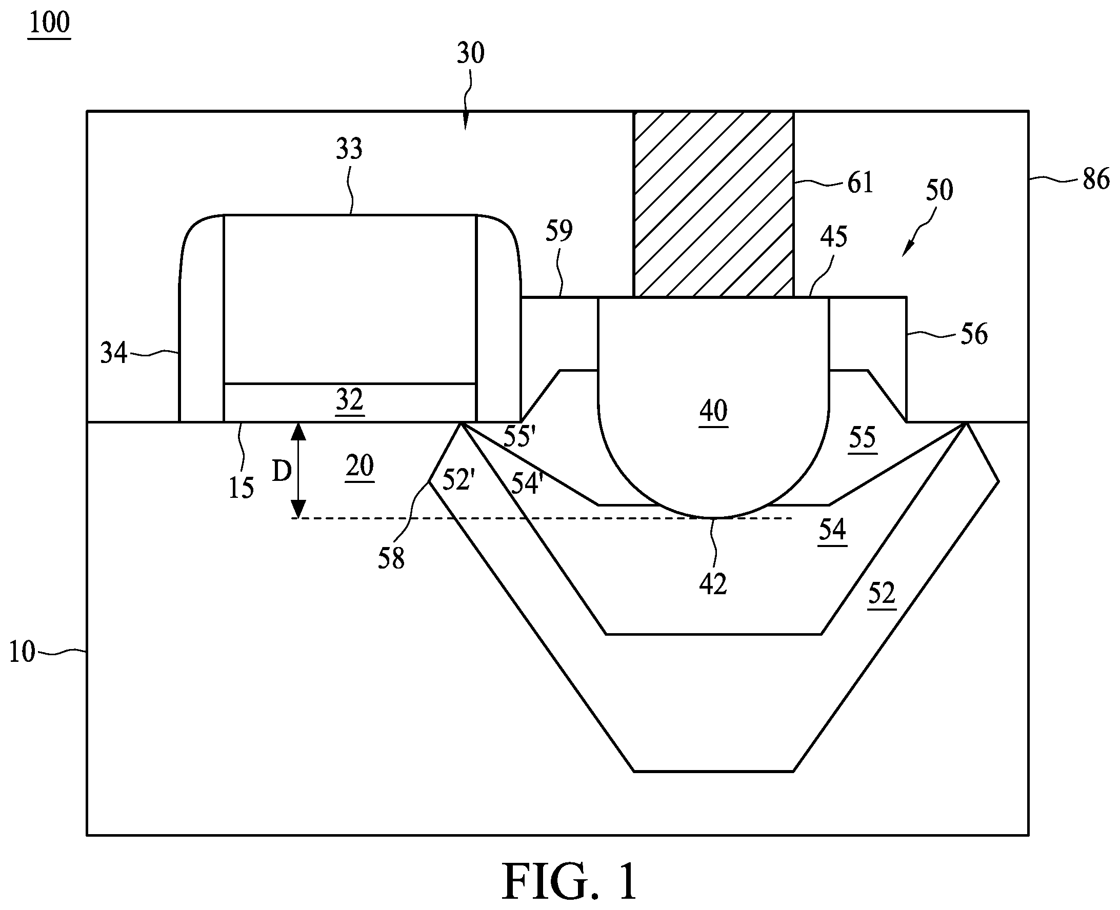 Patent US12581697 Figure 1 – Semiconductor device with silicide-embedded stressor source and drain structure