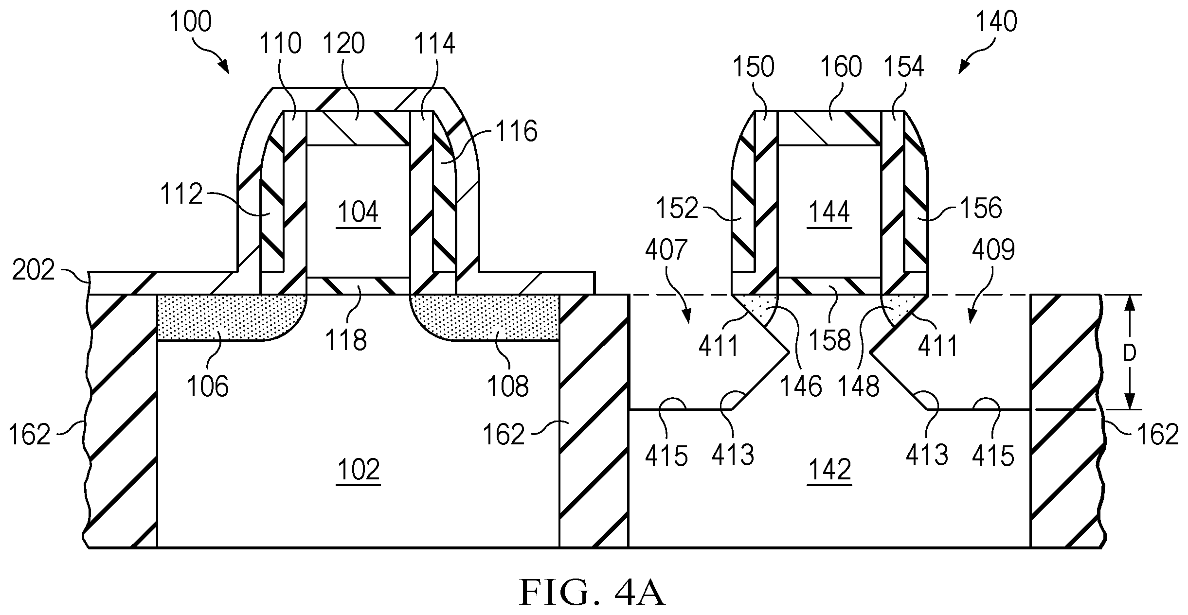 Patent US12581718 Figure 4 – Raised source/drain transistor