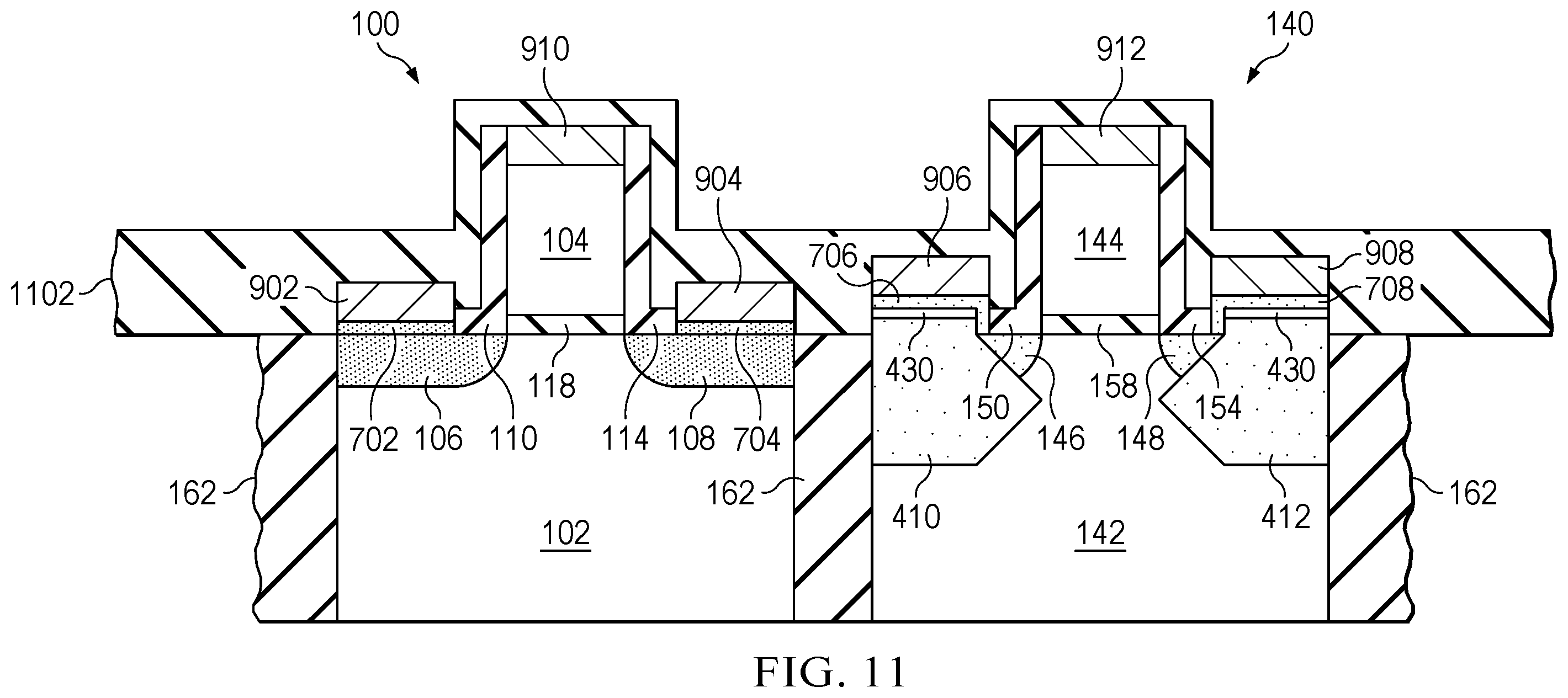 Patent US12581718 Figure 12 – Raised source/drain transistor