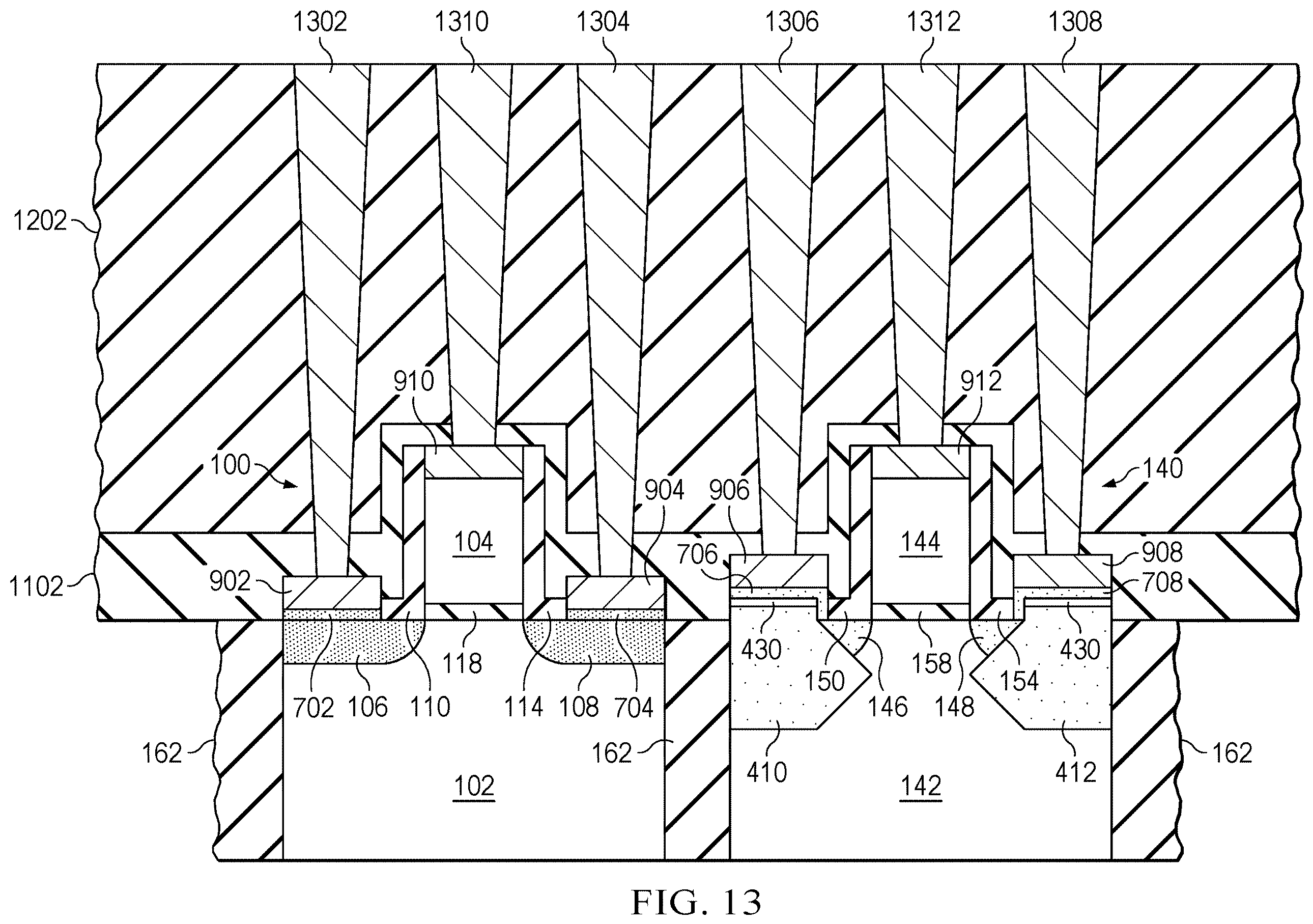 Patent US12581718 Figure 14 – Raised source/drain transistor