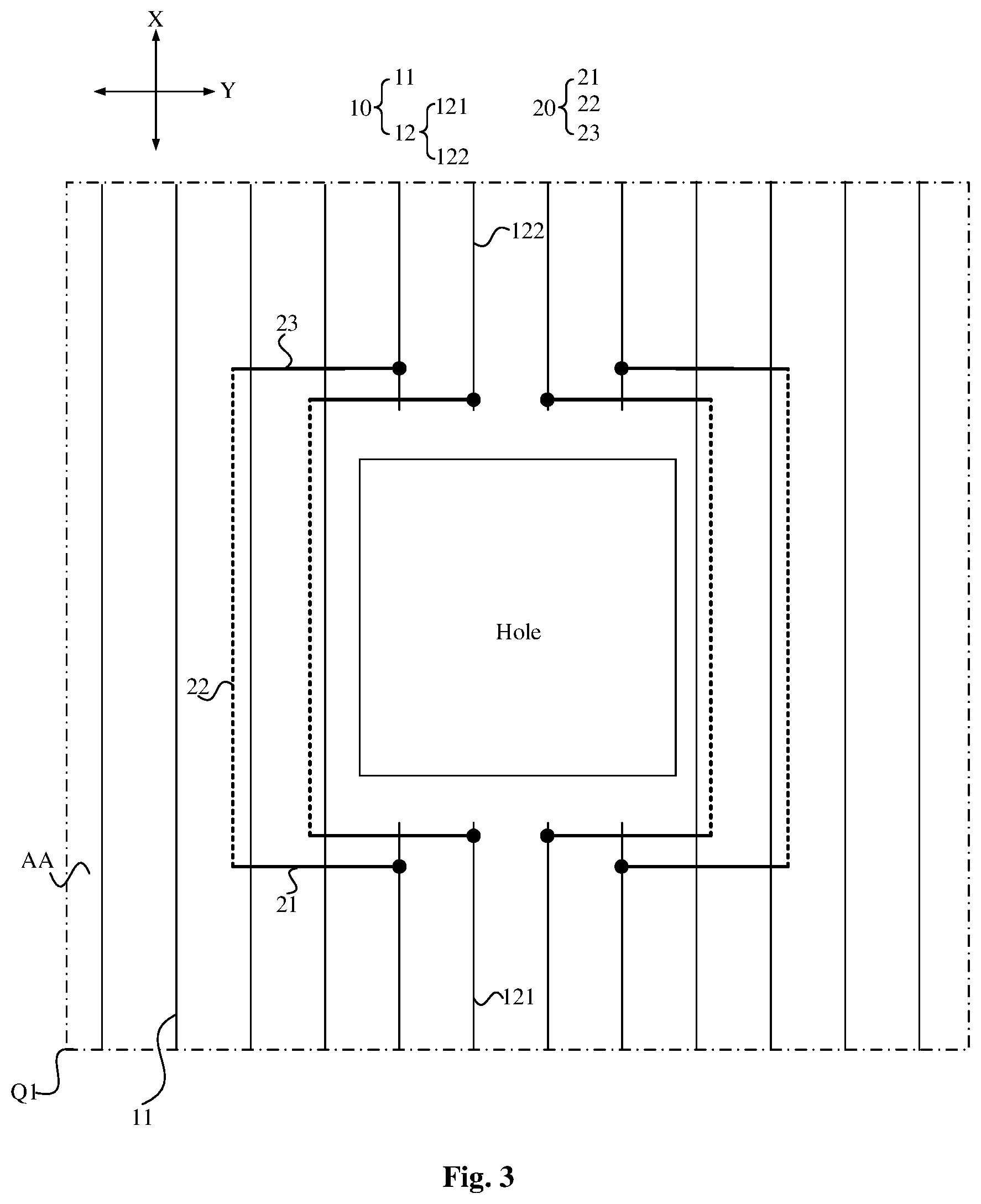Patent US12581740 Figure 3 – Array substrate, display panel, and display device with compensation signal near hole area
