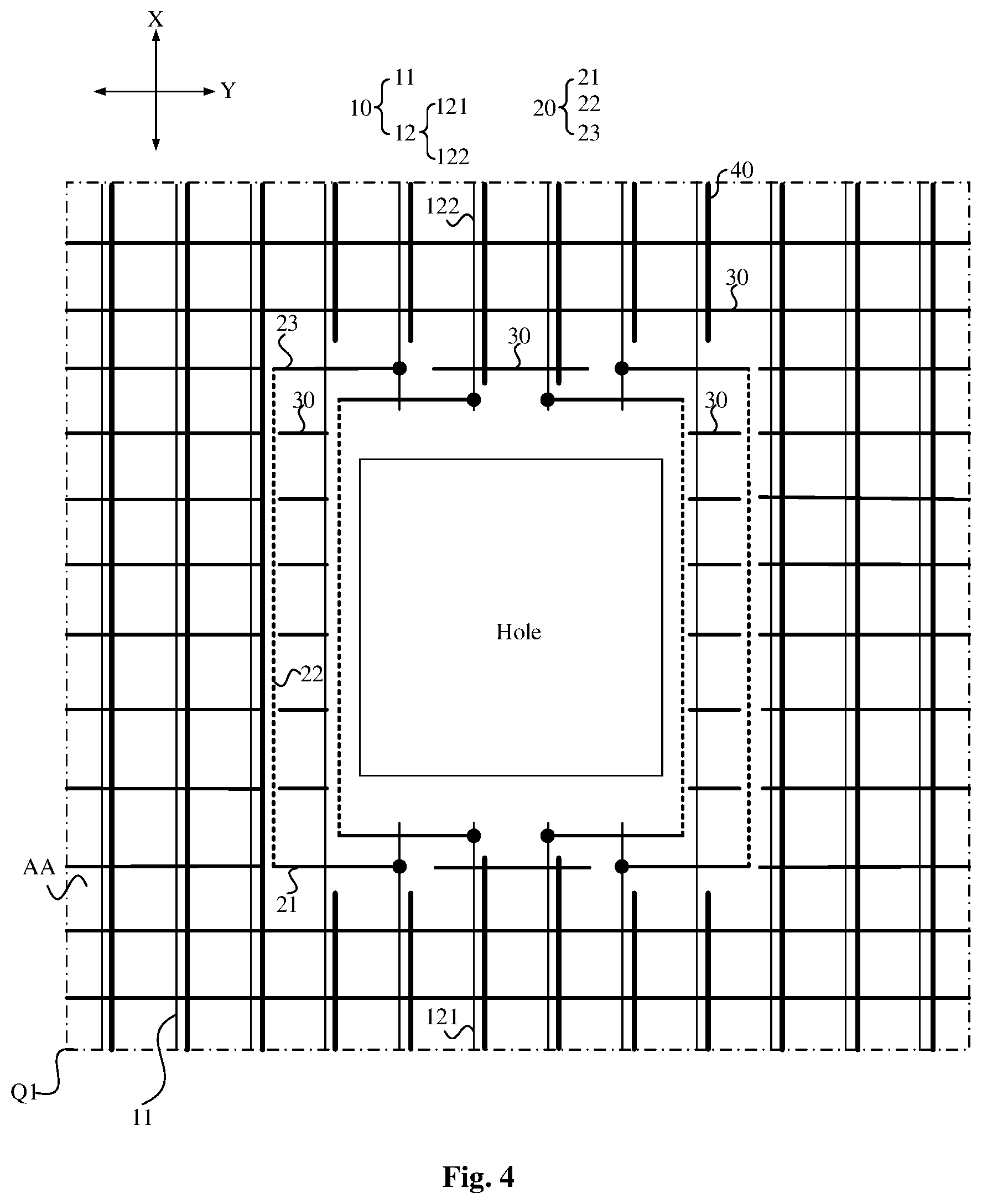 Patent US12581740 Figure 4 – Array substrate, display panel, and display device with compensation signal near hole area