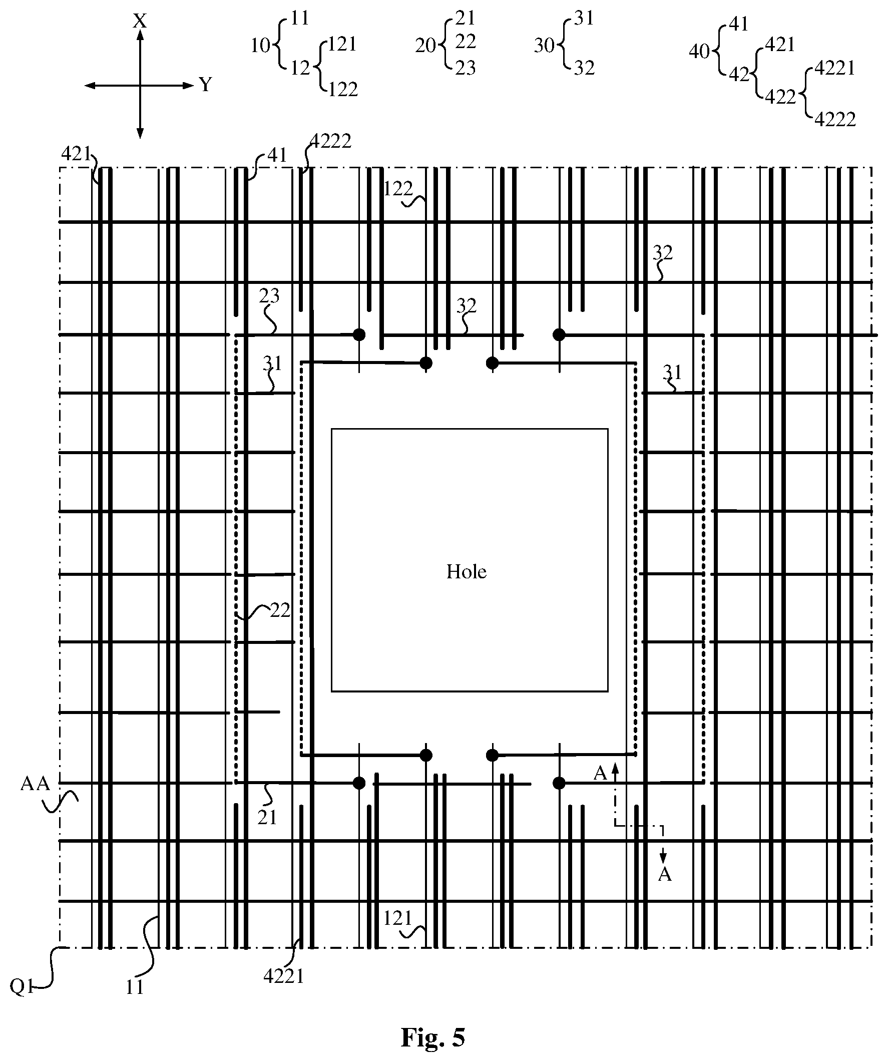 Patent US12581740 Figure 5 – Array substrate, display panel, and display device with compensation signal near hole area
