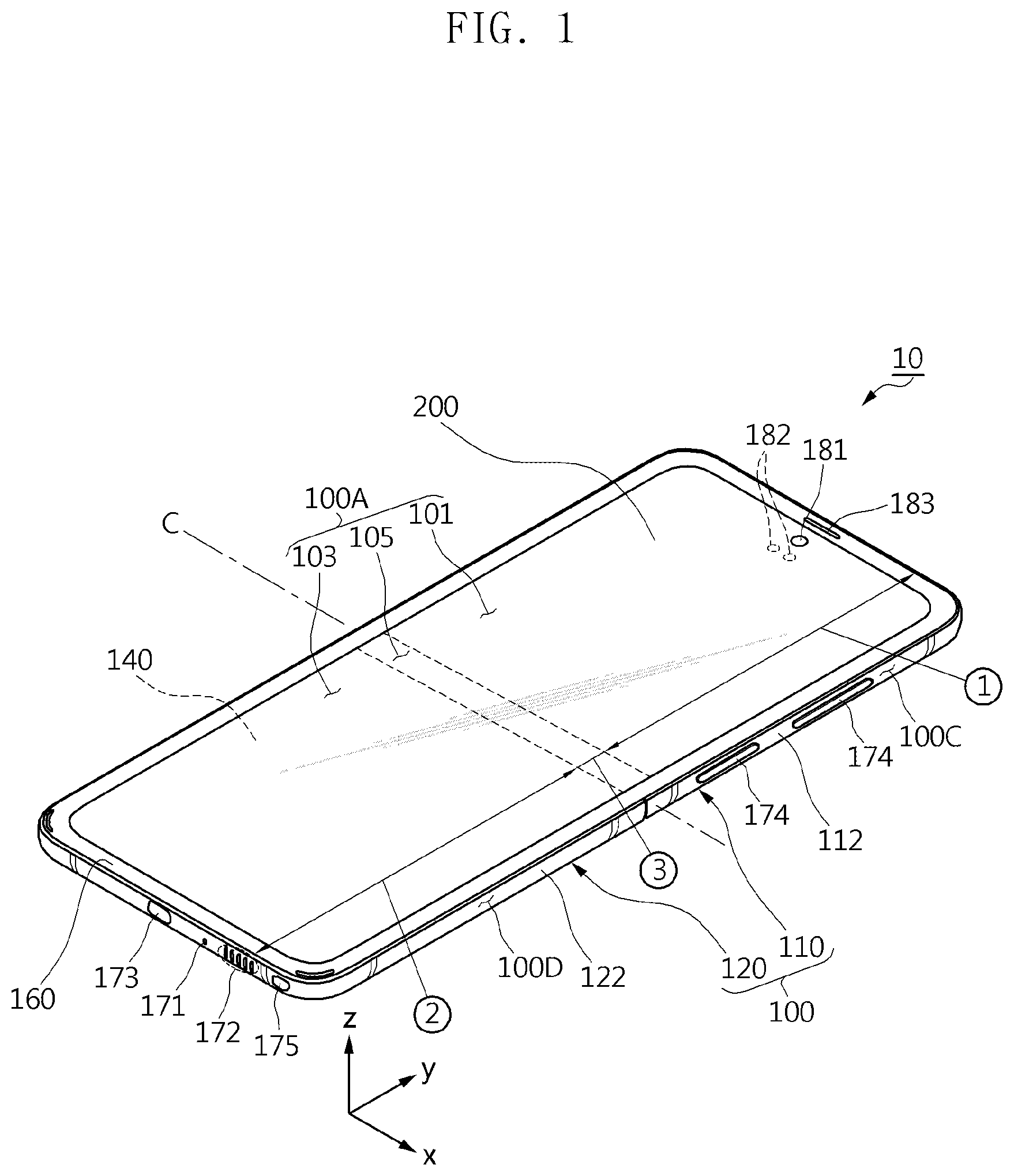 Patent US12581797 Figure 1 – Electronic device comprising transparent cover including glass and foldable display coupled thereto