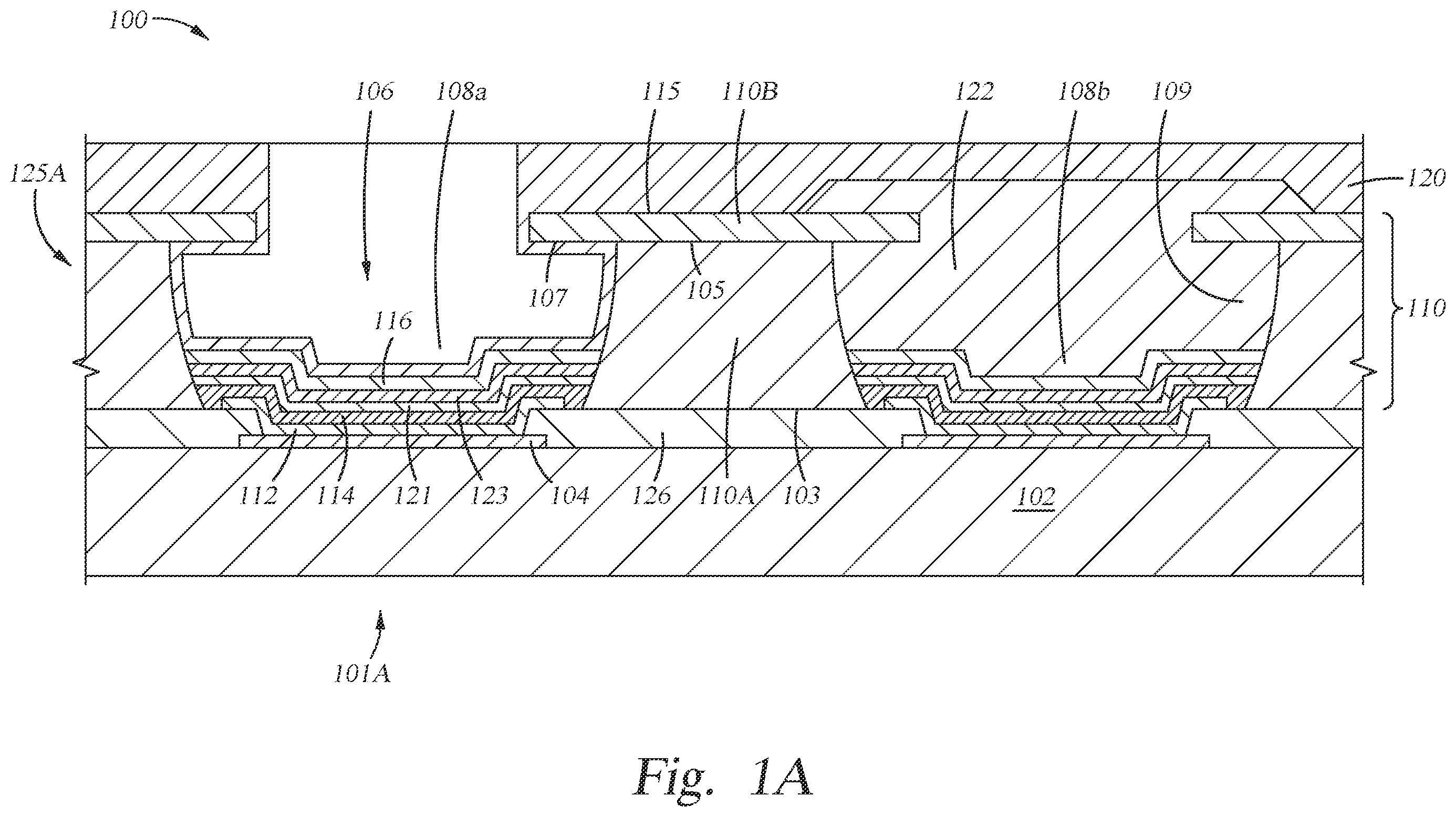 Patent US12581825 Figure 1 – Conductive oxide overhang structures for OLED devices