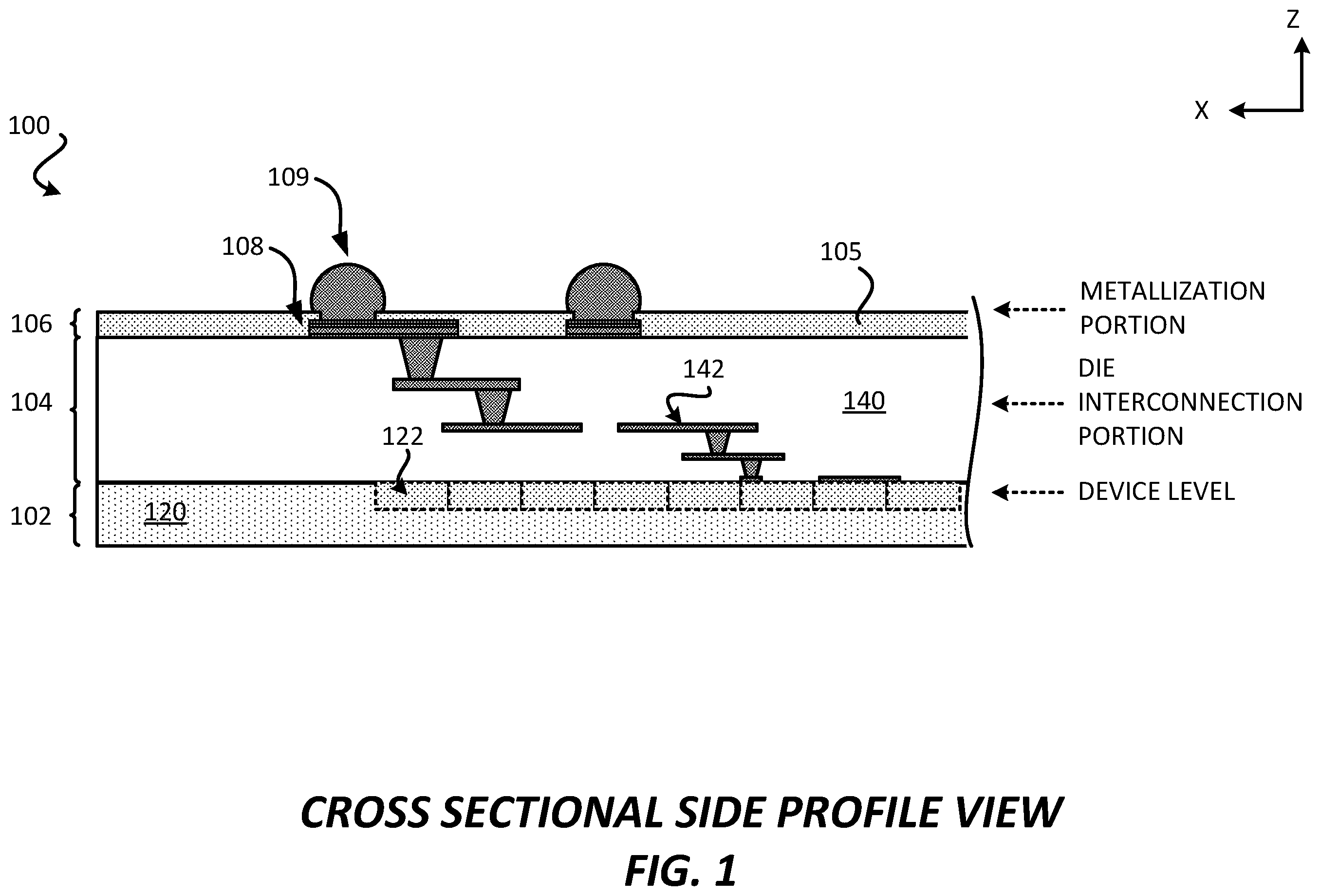 Patent US12581937 Figure 1 – Integrated device comprising metallization interconnects