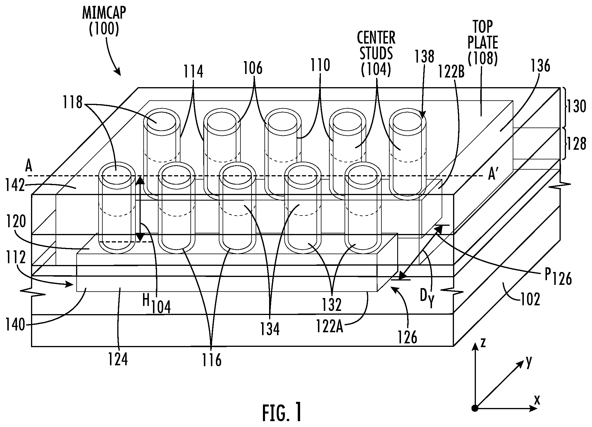 Patent US12581943 Figure 1 – Three-dimensional (3D) metal-insulator-metal capacitor (MIMCAP) including stacked vertical metal studs for increased capacitance density and related fabrication methods