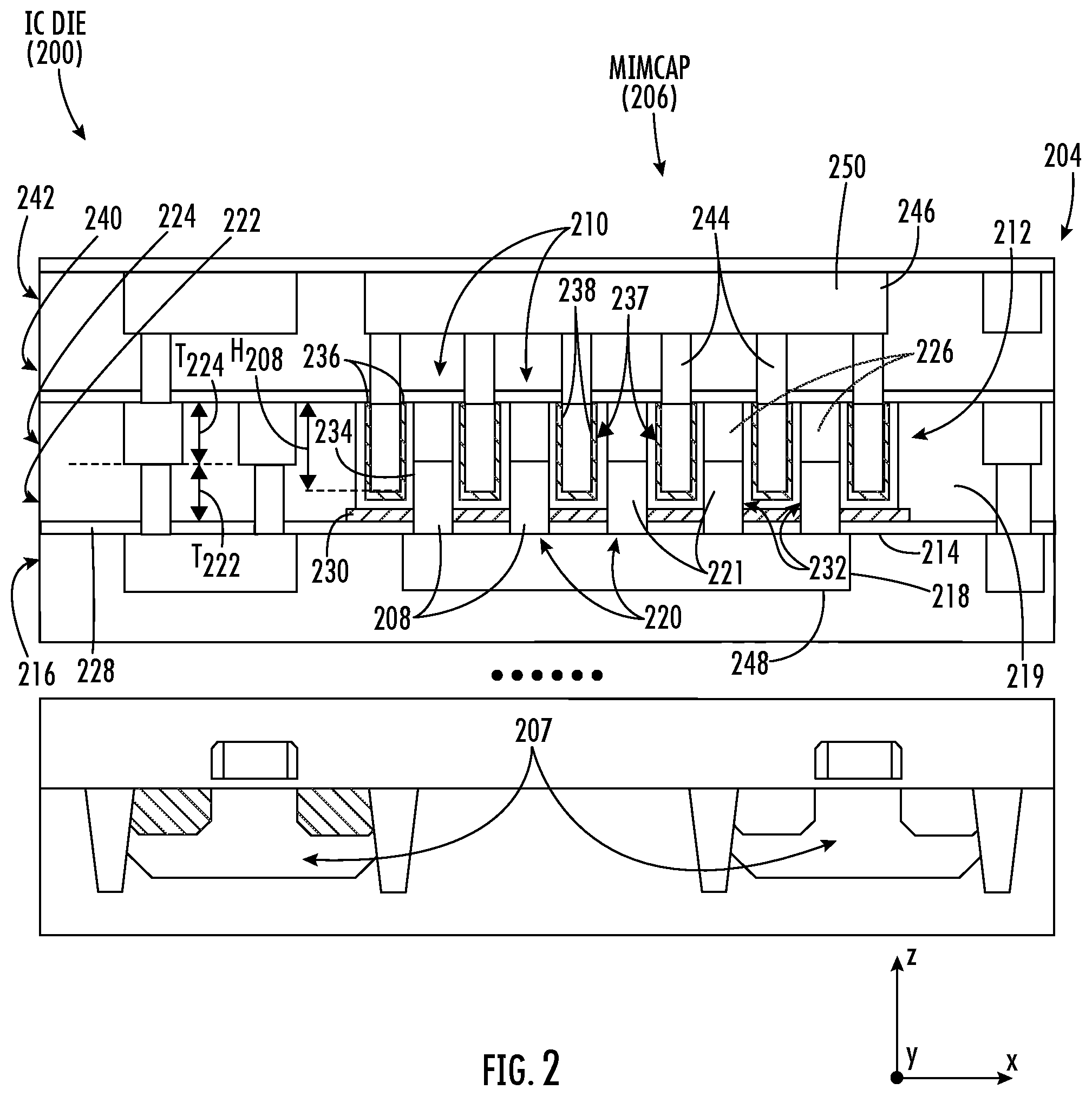 Patent US12581943 Figure 2 – Three-dimensional (3D) metal-insulator-metal capacitor (MIMCAP) including stacked vertical metal studs for increased capacitance density and related fabrication methods