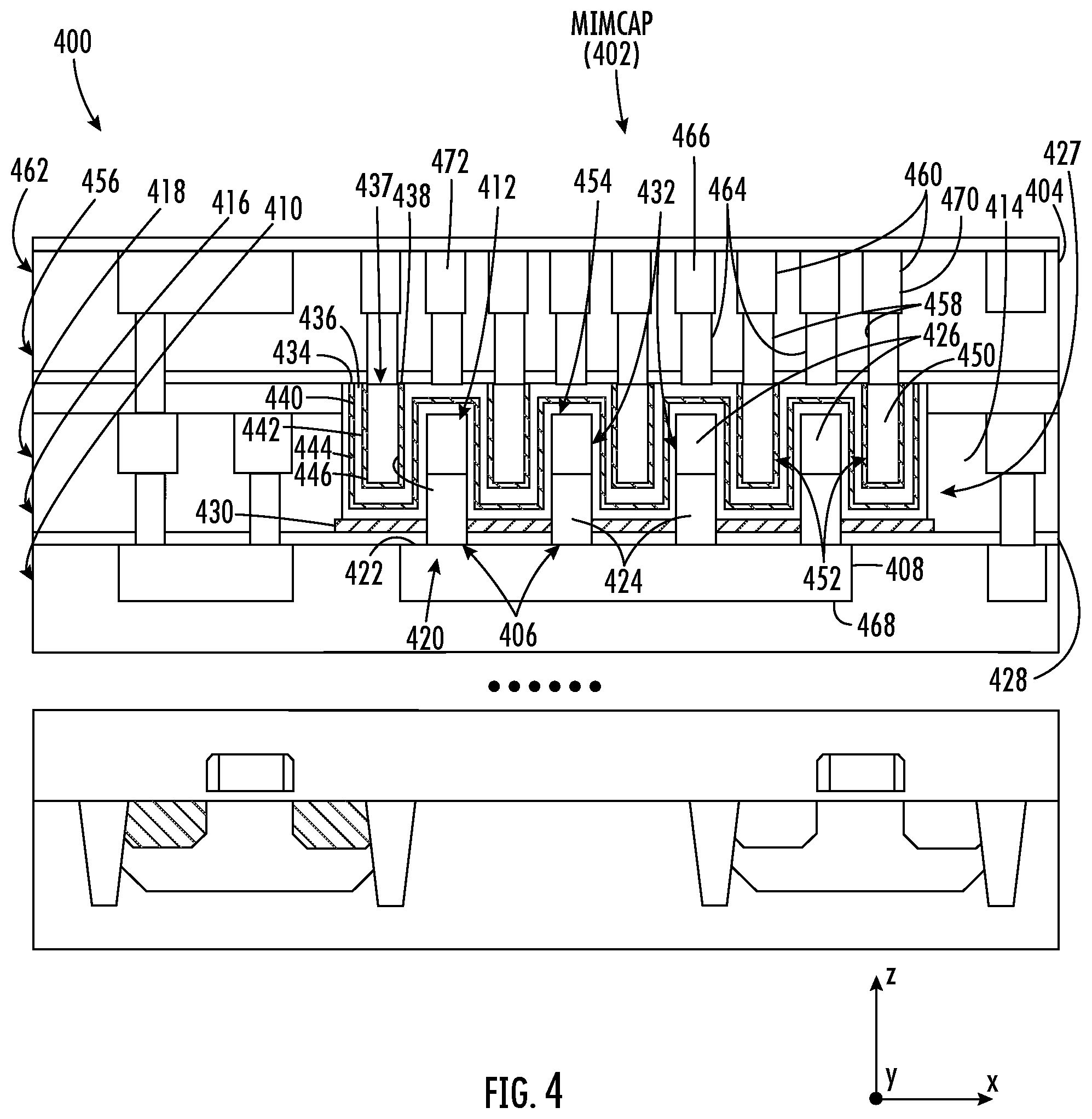 Patent US12581943 Figure 4 – Three-dimensional (3D) metal-insulator-metal capacitor (MIMCAP) including stacked vertical metal studs for increased capacitance density and related fabrication methods