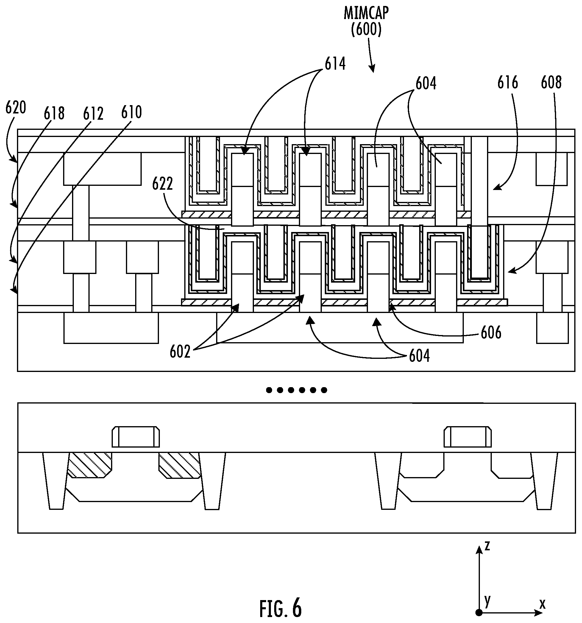 Patent US12581943 Figure 6 – Three-dimensional (3D) metal-insulator-metal capacitor (MIMCAP) including stacked vertical metal studs for increased capacitance density and related fabrication methods
