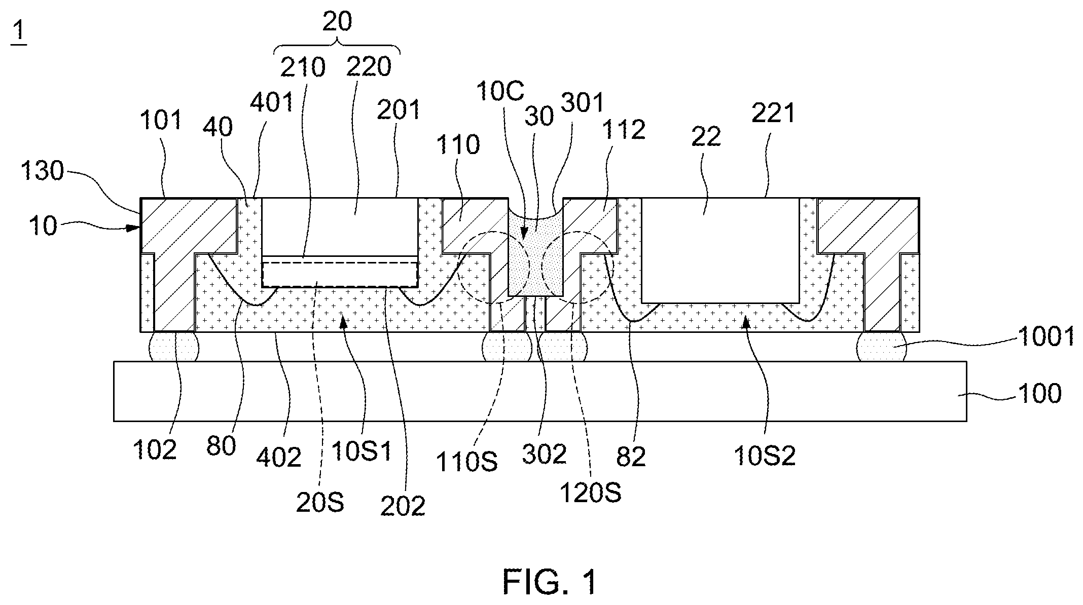 Patent US12581954 — Semiconductor device package and method of manufacturing the same — Figure 1