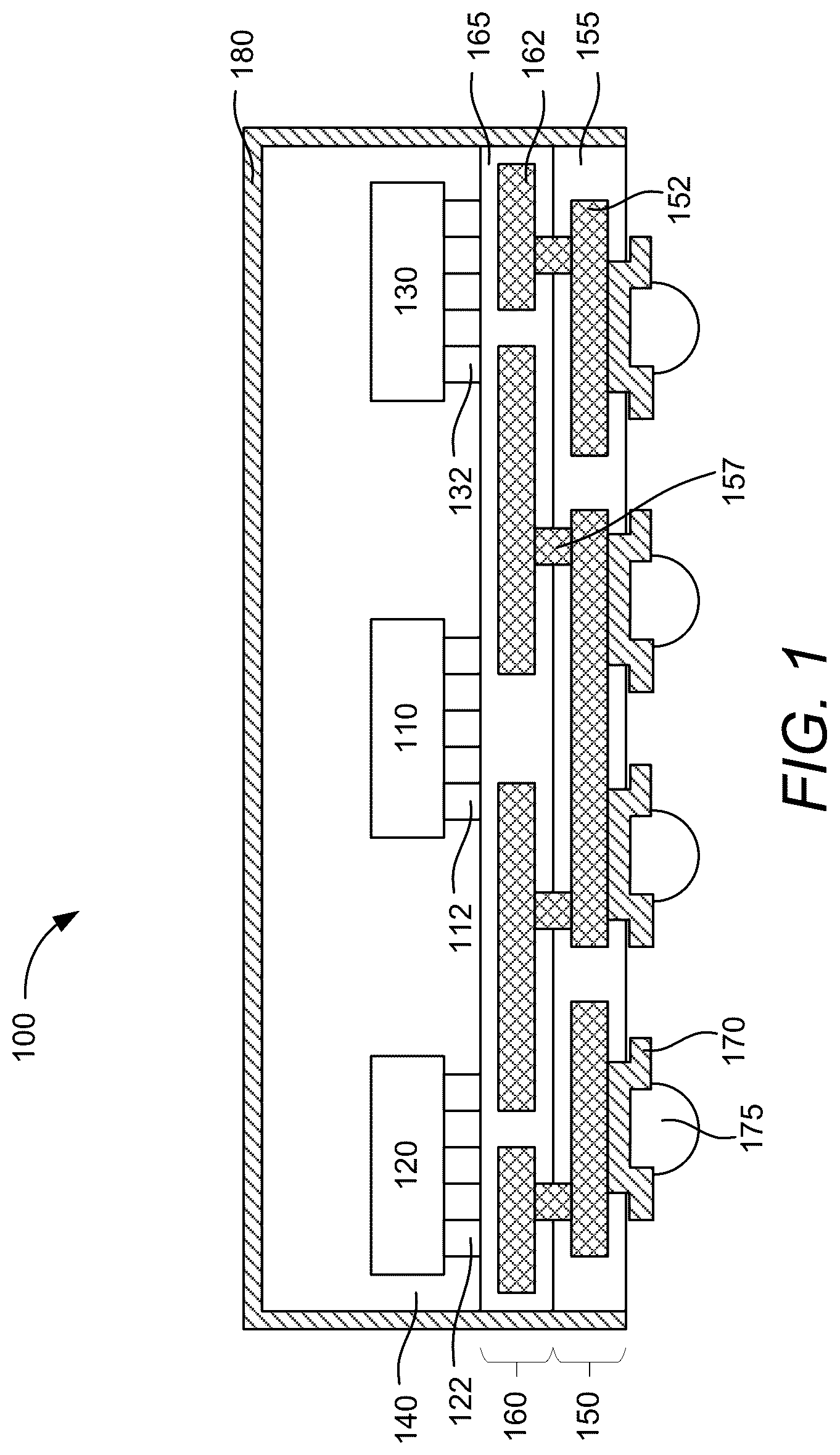 Patent US12581956 Figure 1 – Through molding contact enabled EMI shielding