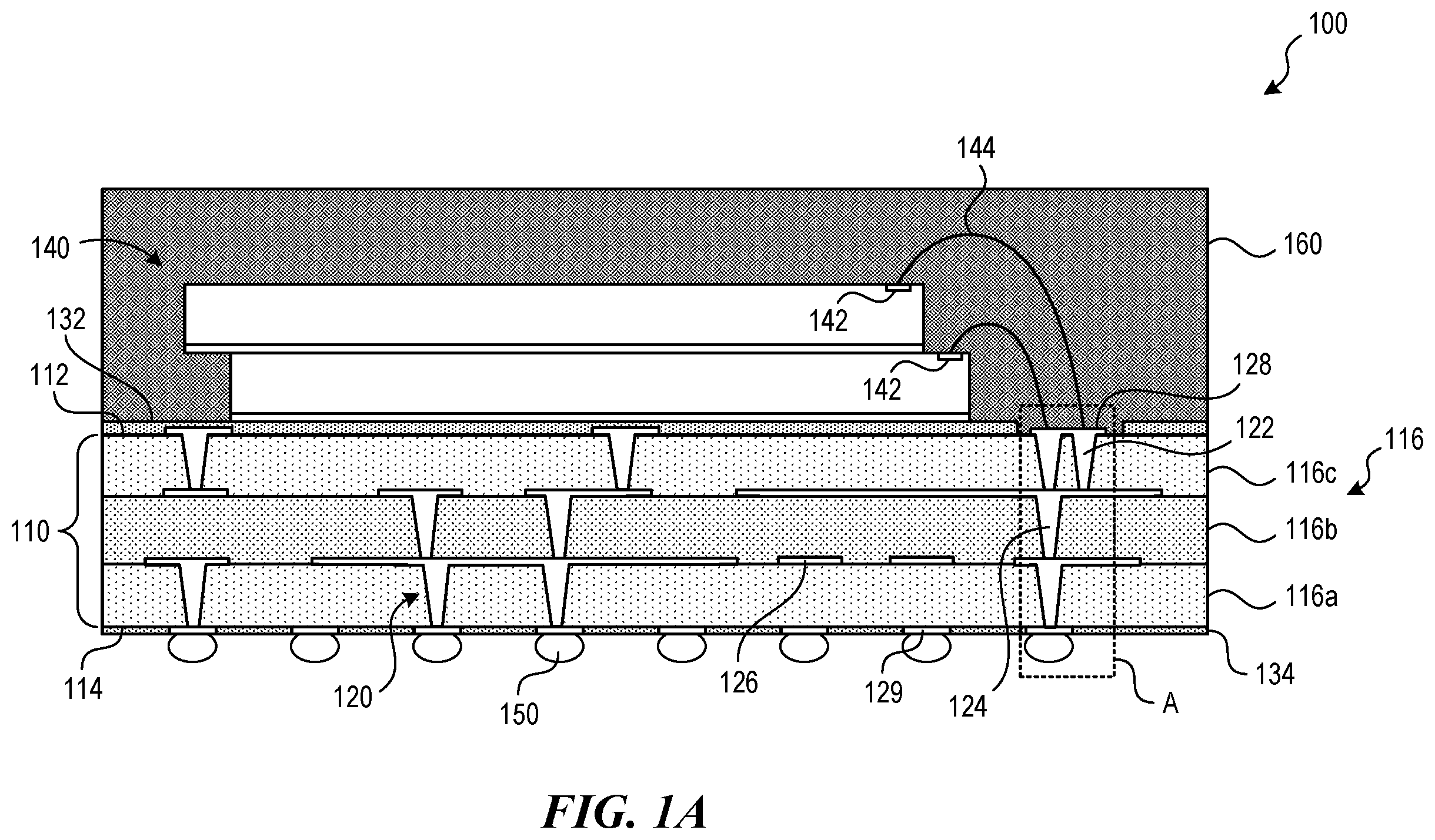 Patent US12581976 Figure 1 – Wire bonding directly on exposed conductive vias and interconnects and related systems and methods