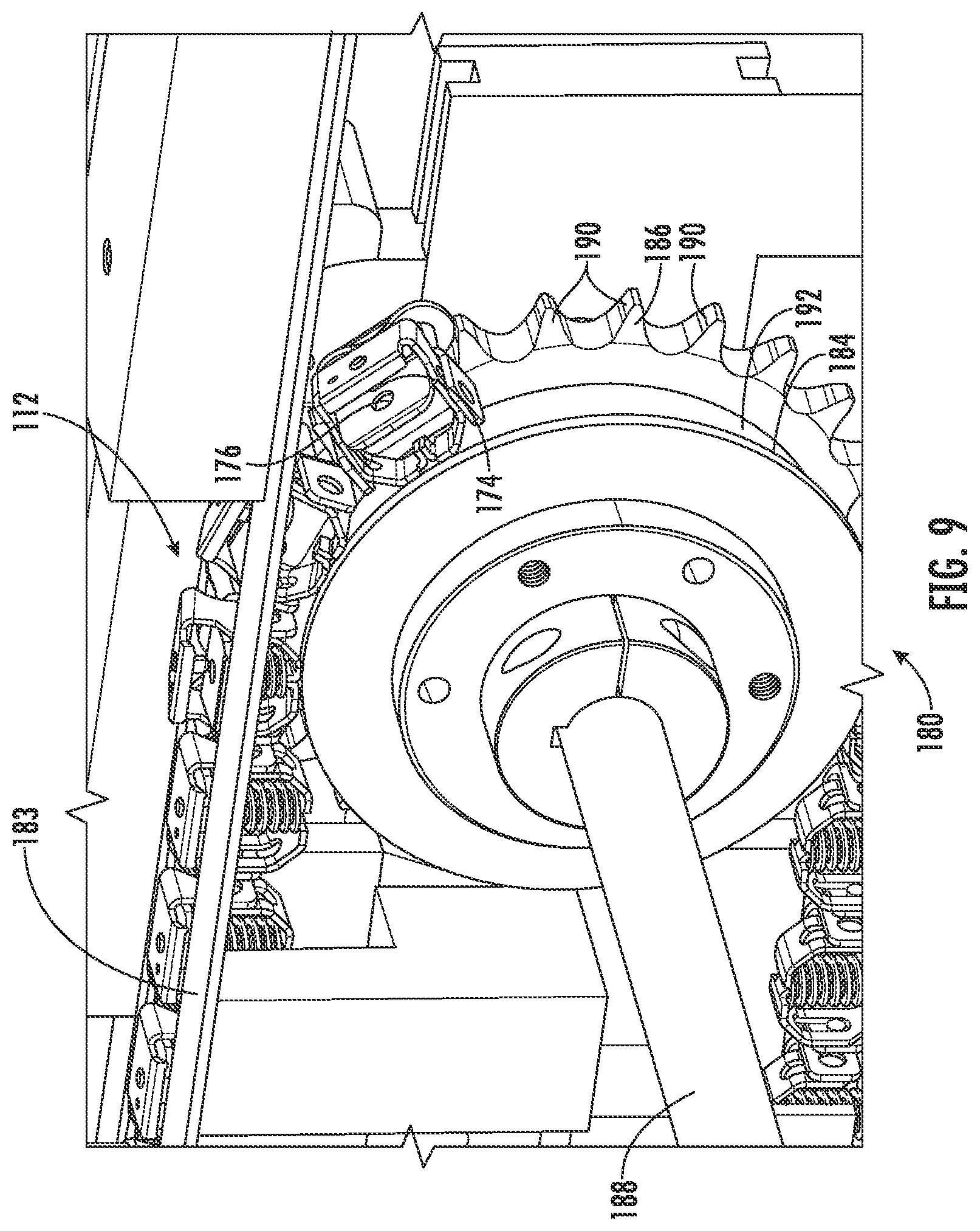 Patent US12583171 Figure 5 – Thermoforming machine web transport assembly