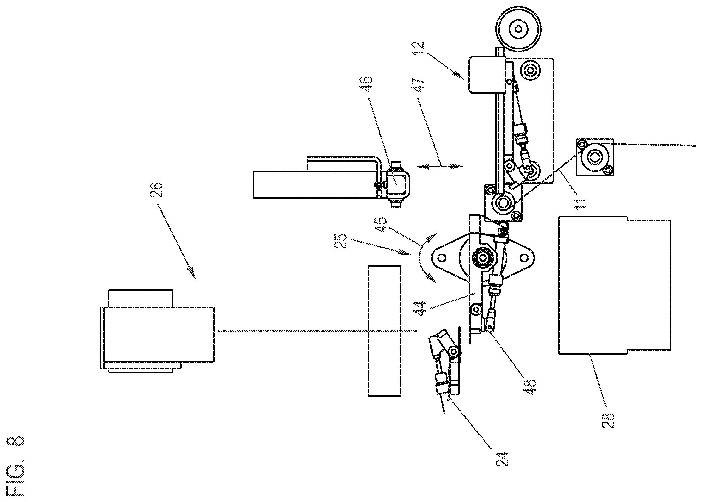 Patent US12583216 Figure 8 – Method for producing separated strip-like laminate components comprising an electronic component embedded between two laminate layers of a tape like adhesive material, and device for producing such laminate components