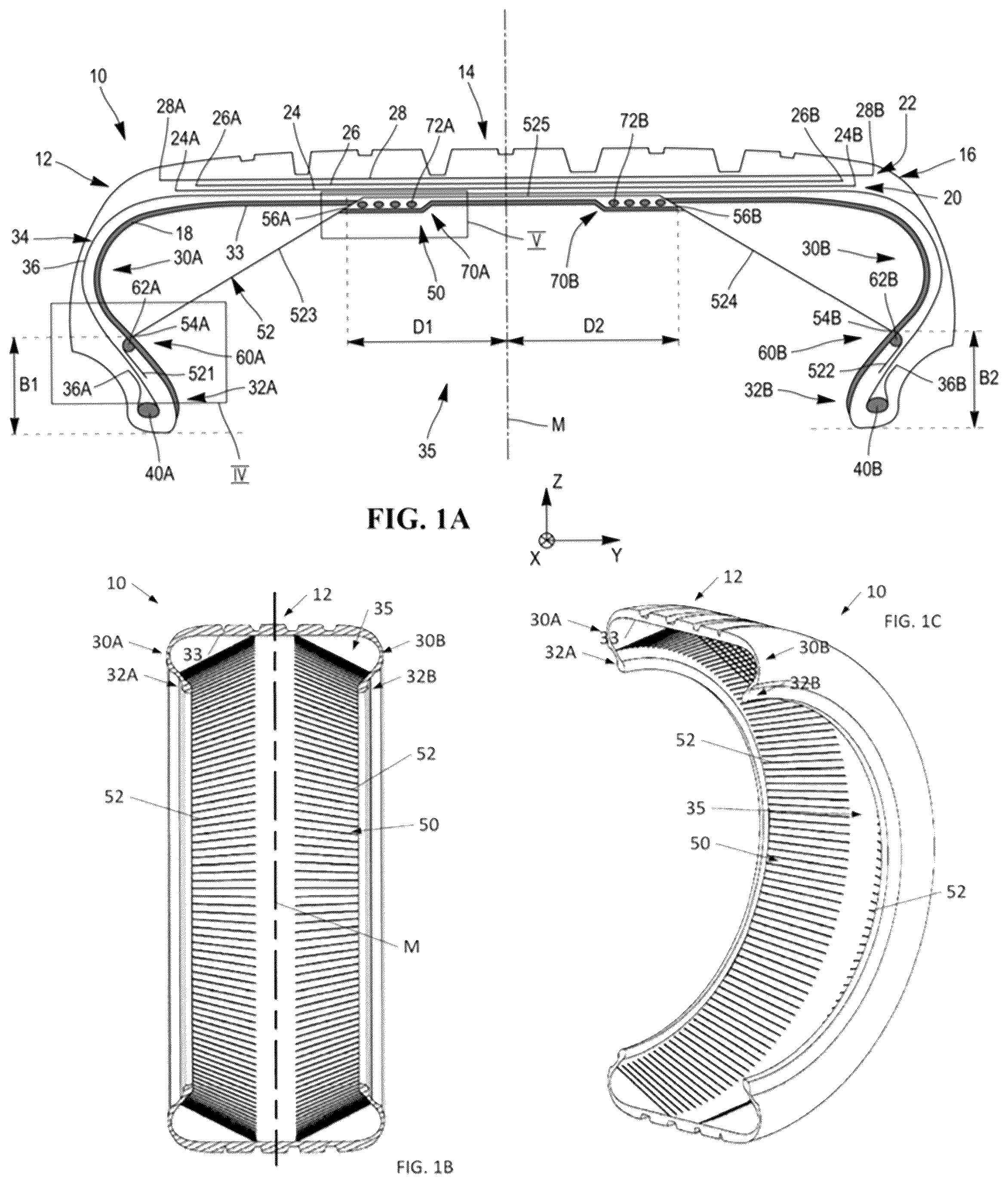 Patent US12583258 Figure 1 – Tire comprising a durable stiffening structure and allowing proper flattening