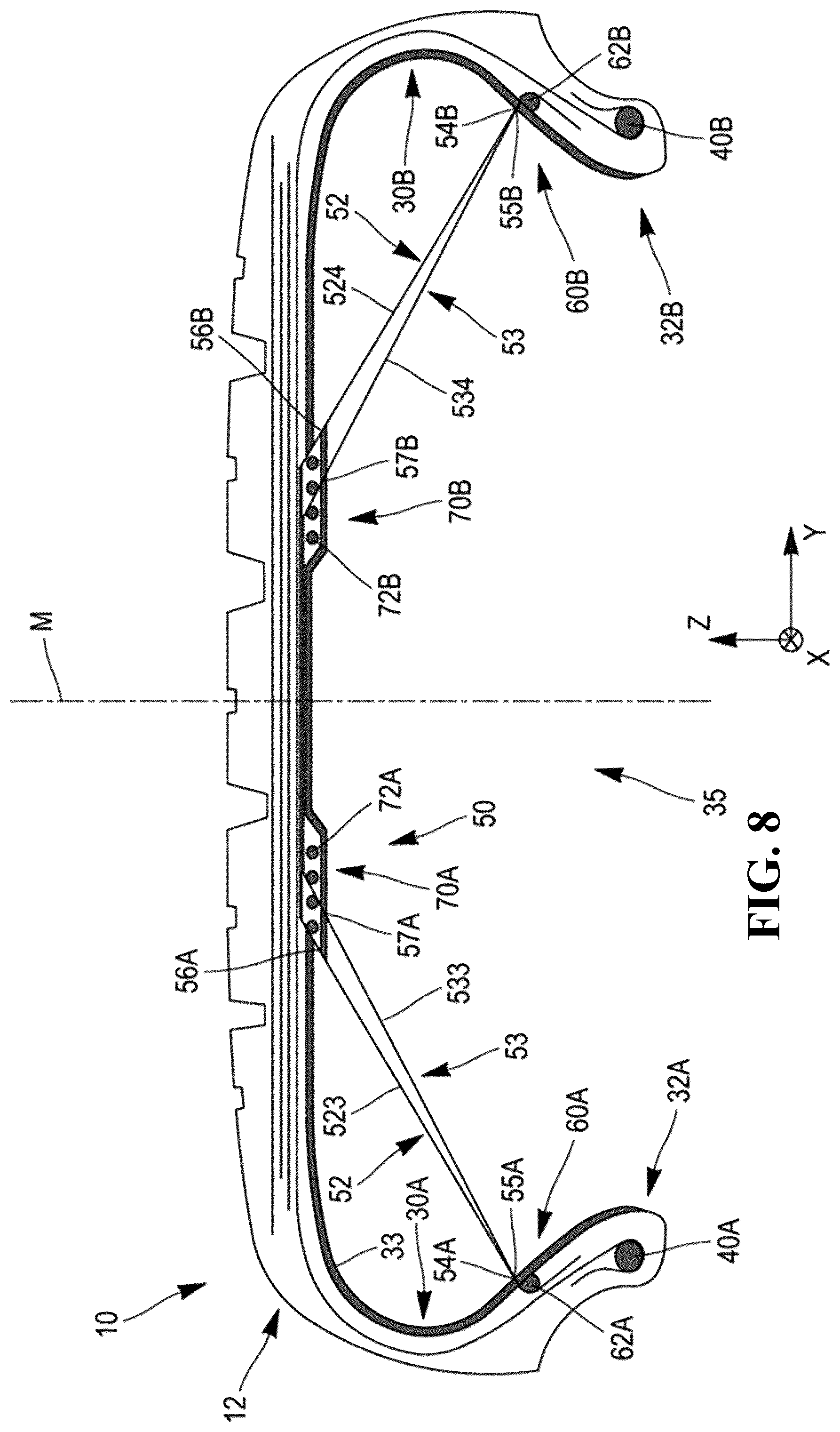 Patent US12583258 Figure 6 – Tire comprising a durable stiffening structure and allowing proper flattening