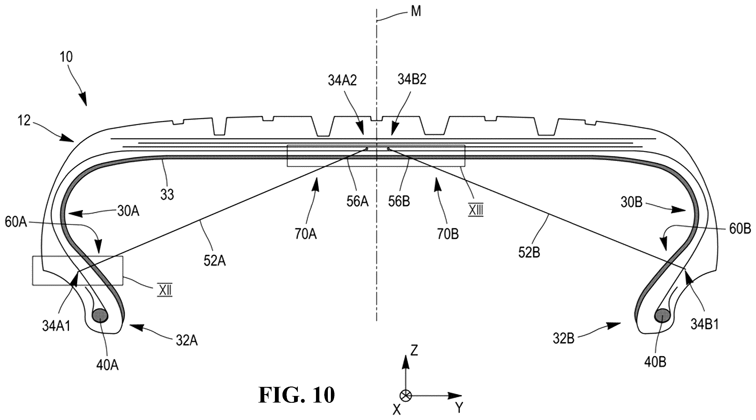 Patent US12583258 Figure 8 – Tire comprising a durable stiffening structure and allowing proper flattening